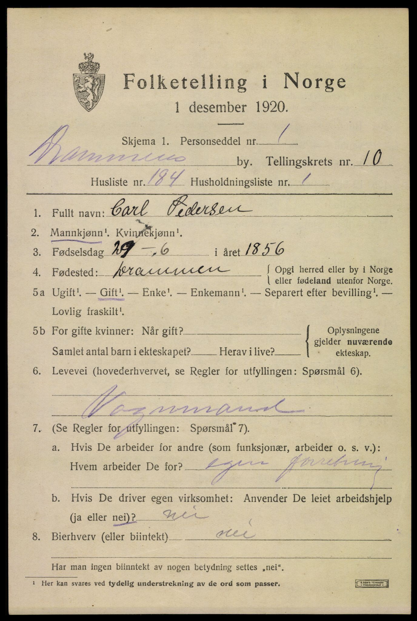 SAKO, 1920 census for Drammen, 1920, p. 65613