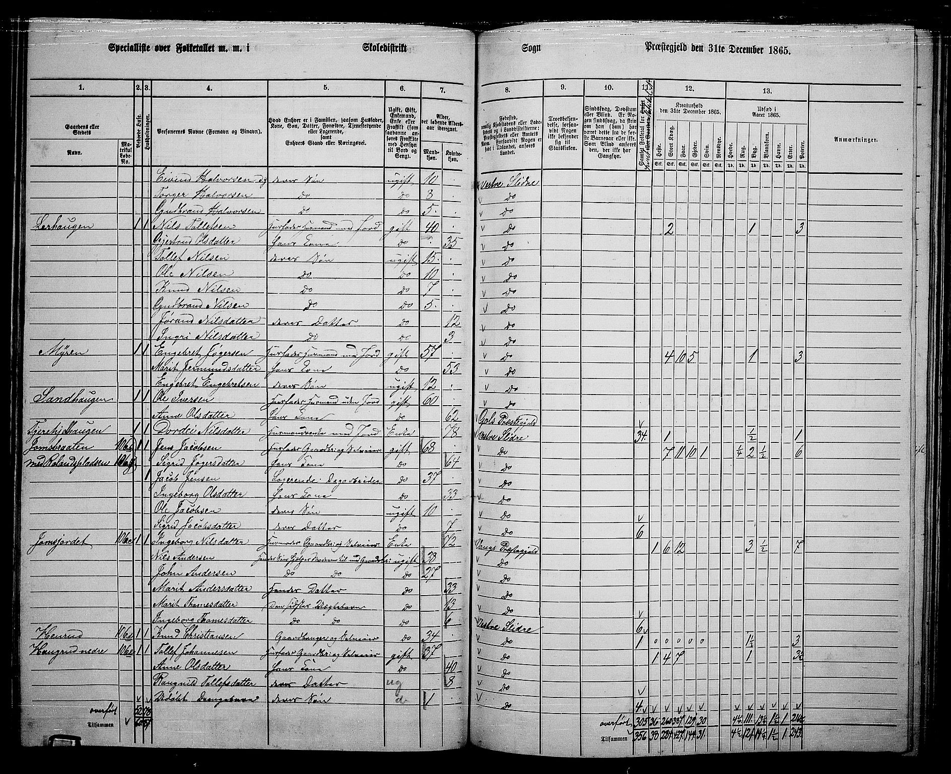 RA, 1865 census for Vestre Slidre, 1865, p. 68