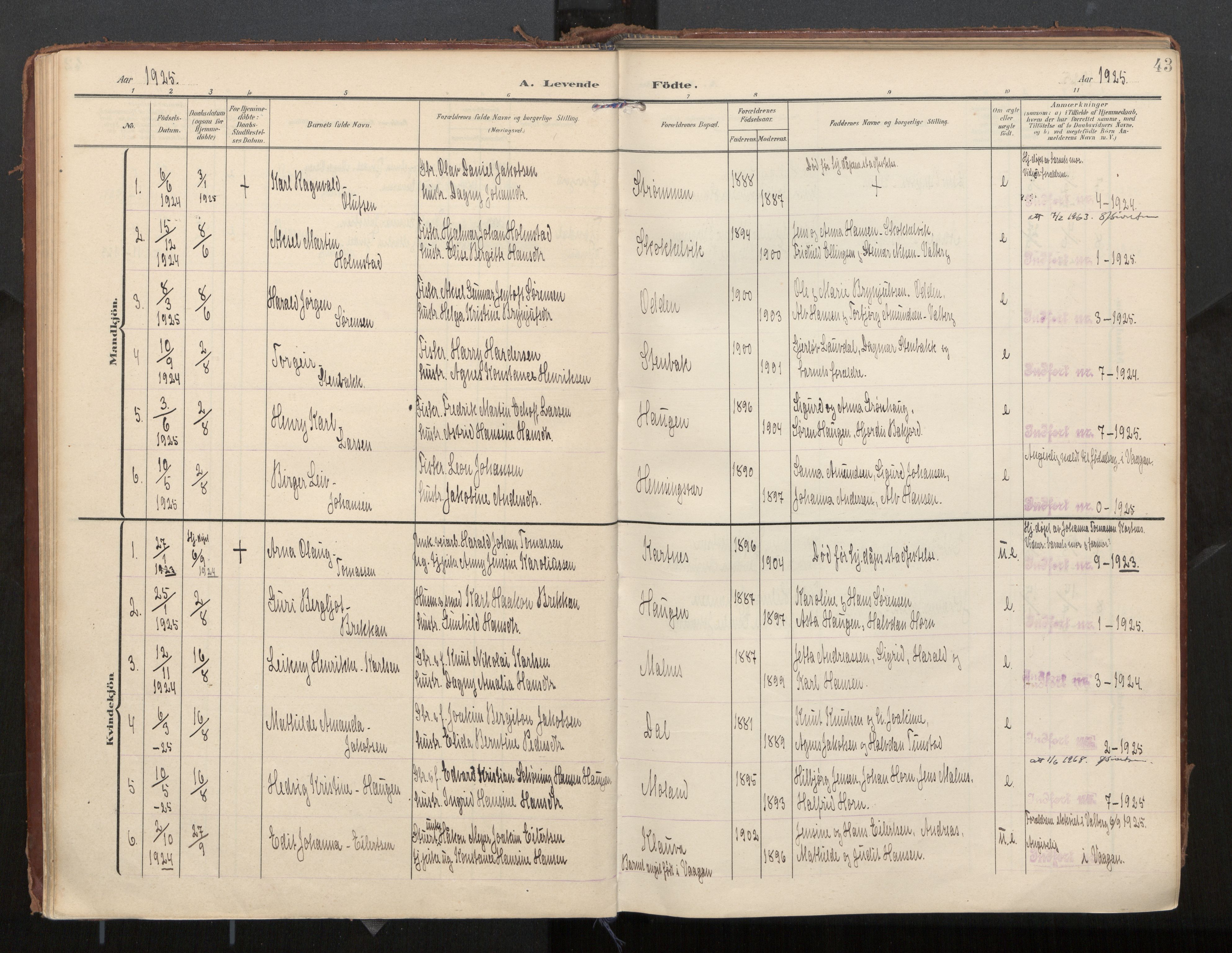 Ministerialprotokoller, klokkerbøker og fødselsregistre - Nordland, AV/SAT-A-1459/884/L1194: Parish register (official) no. 884A02, 1906-1937, p. 43