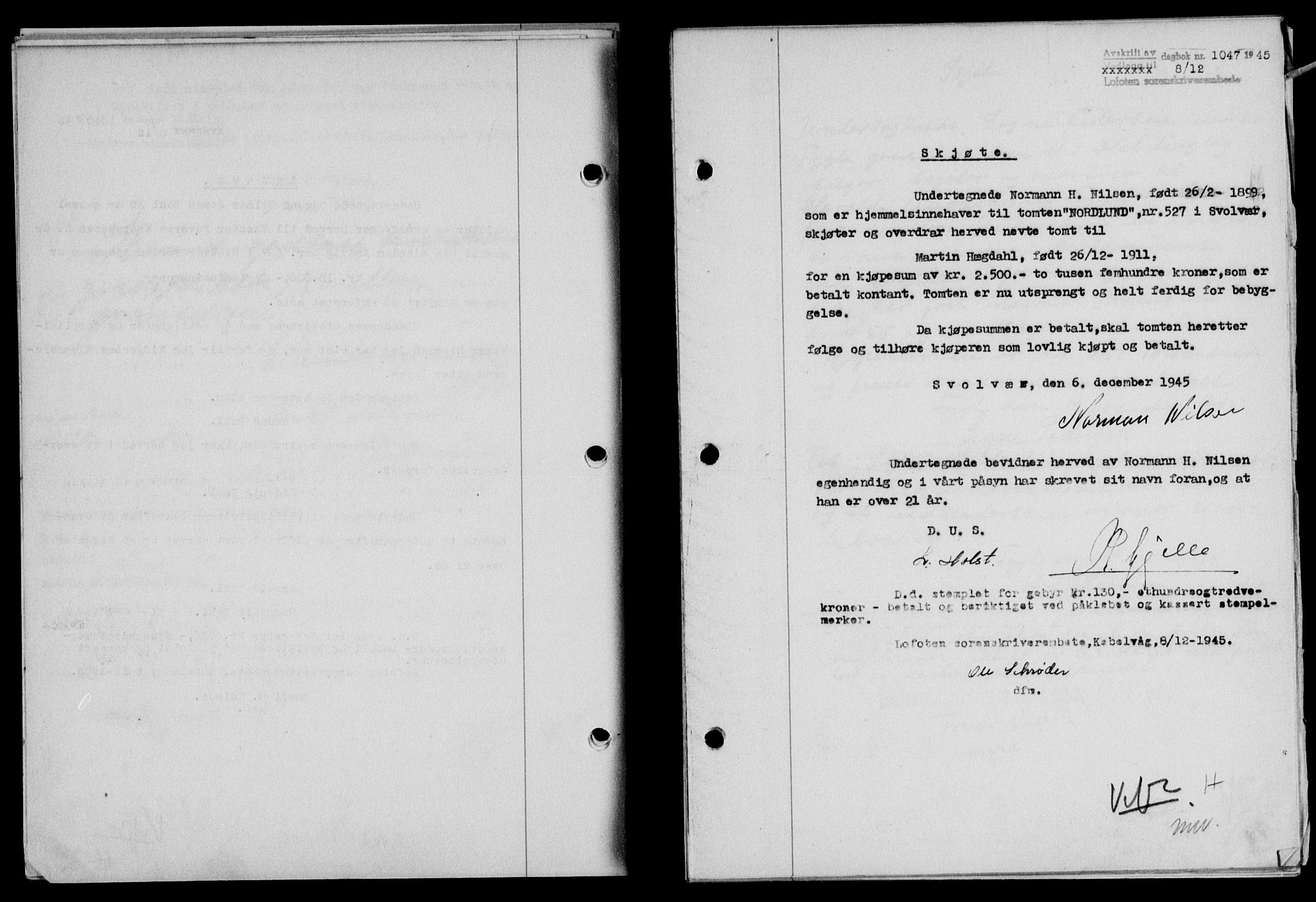Lofoten sorenskriveri, SAT/A-0017/1/2/2C/L0013a: Mortgage book no. 13a, 1944-1946, Diary no: : 1047/1945