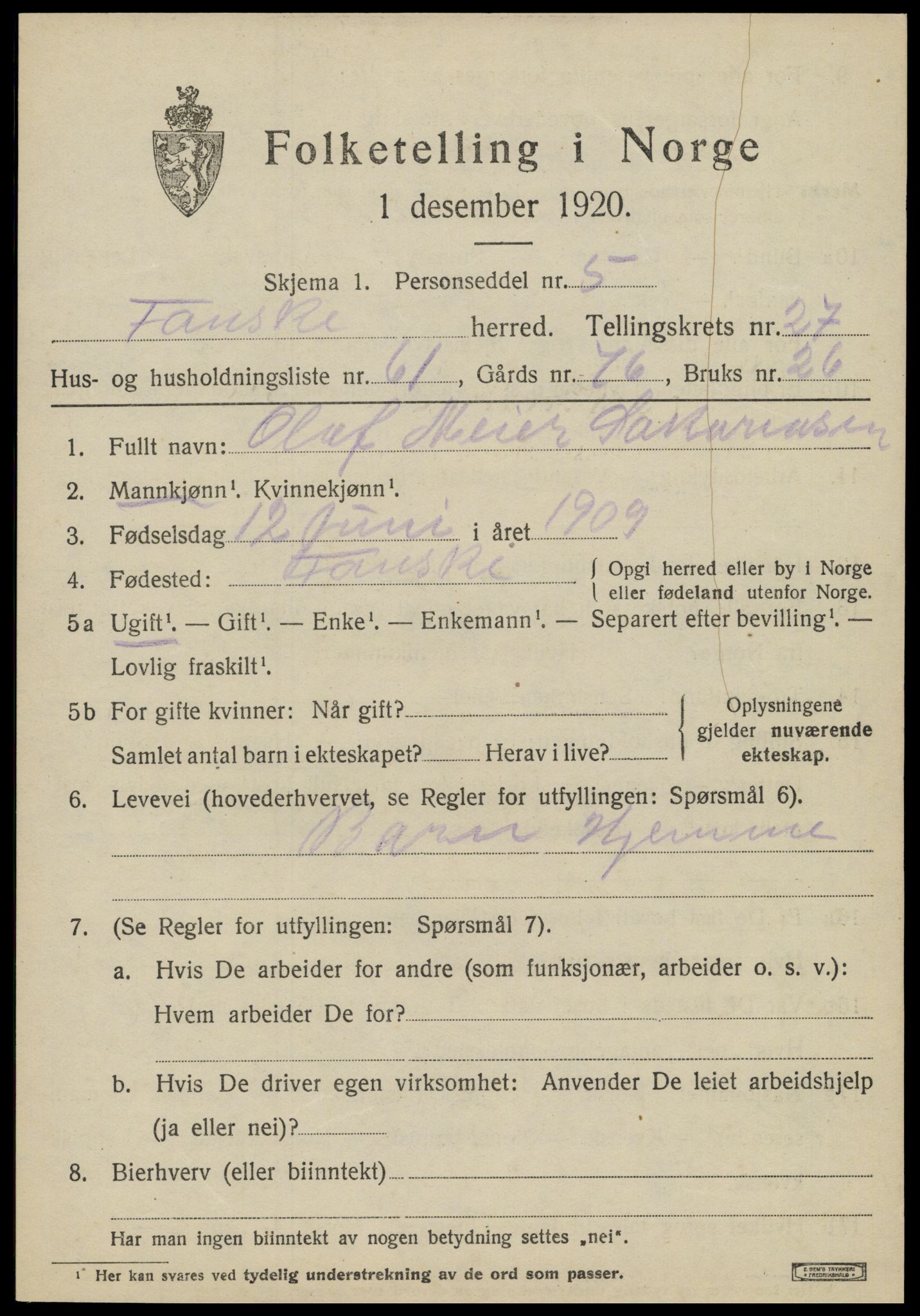 SAT, 1920 census for Fauske, 1920, p. 16952