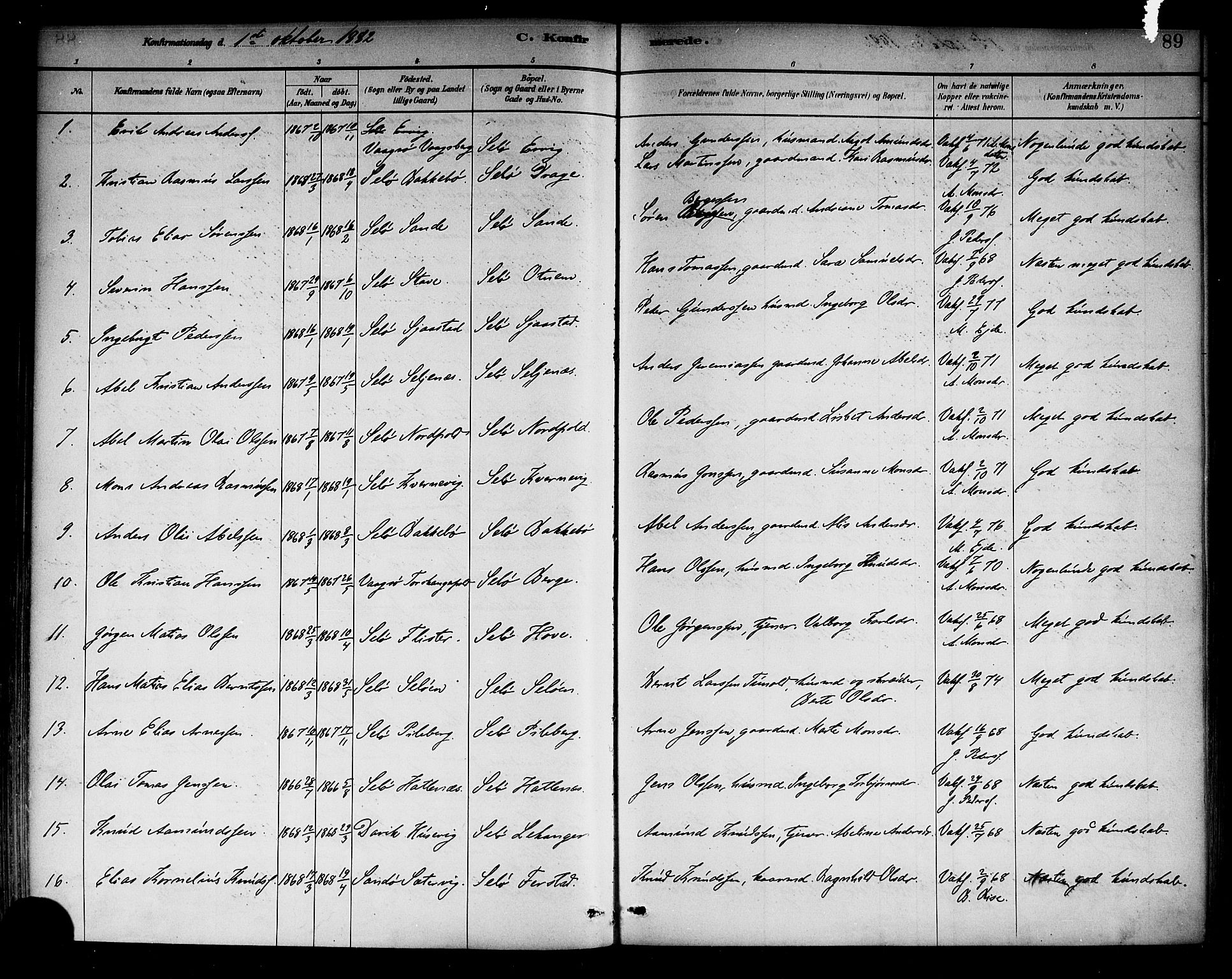 Selje sokneprestembete, SAB/A-99938/H/Ha/Haa/Haab: Parish register (official) no. B 1, 1881-1890, p. 89