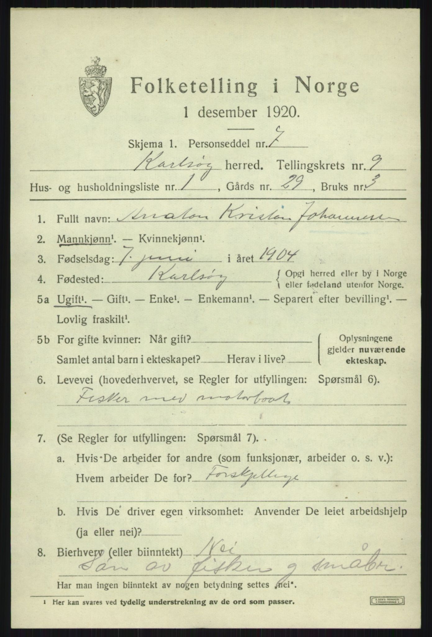 SATØ, 1920 census for Karlsøy, 1920, p. 3322