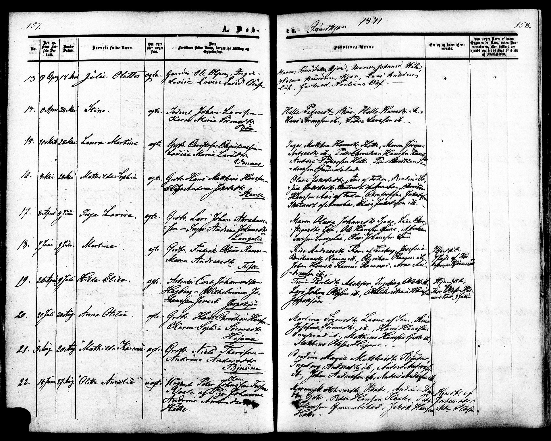 Ramnes kirkebøker, AV/SAKO-A-314/F/Fa/L0006: Parish register (official) no. I 6, 1862-1877, p. 157-158