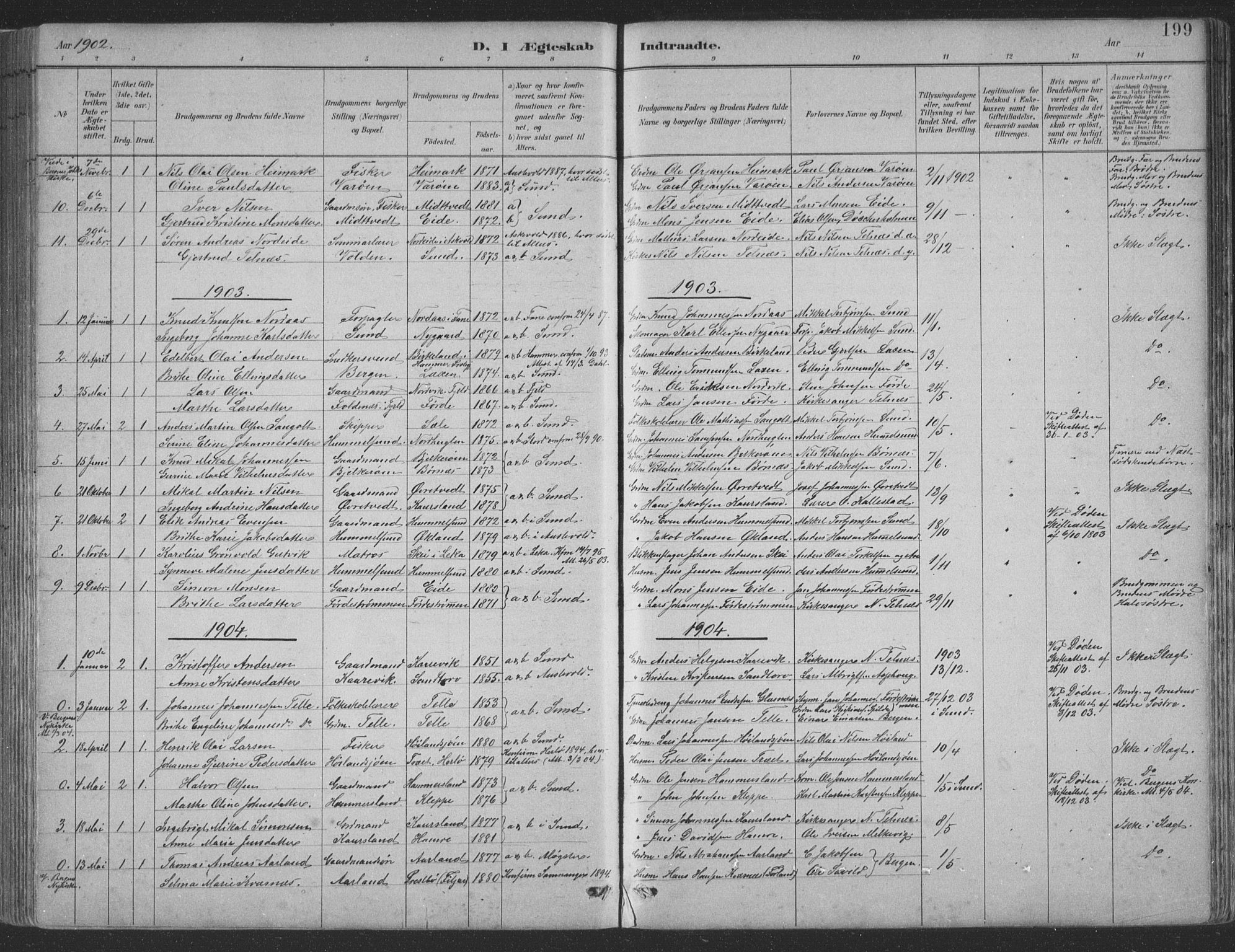 Sund sokneprestembete, SAB/A-99930: Parish register (copy) no. B 3, 1882-1911, p. 199