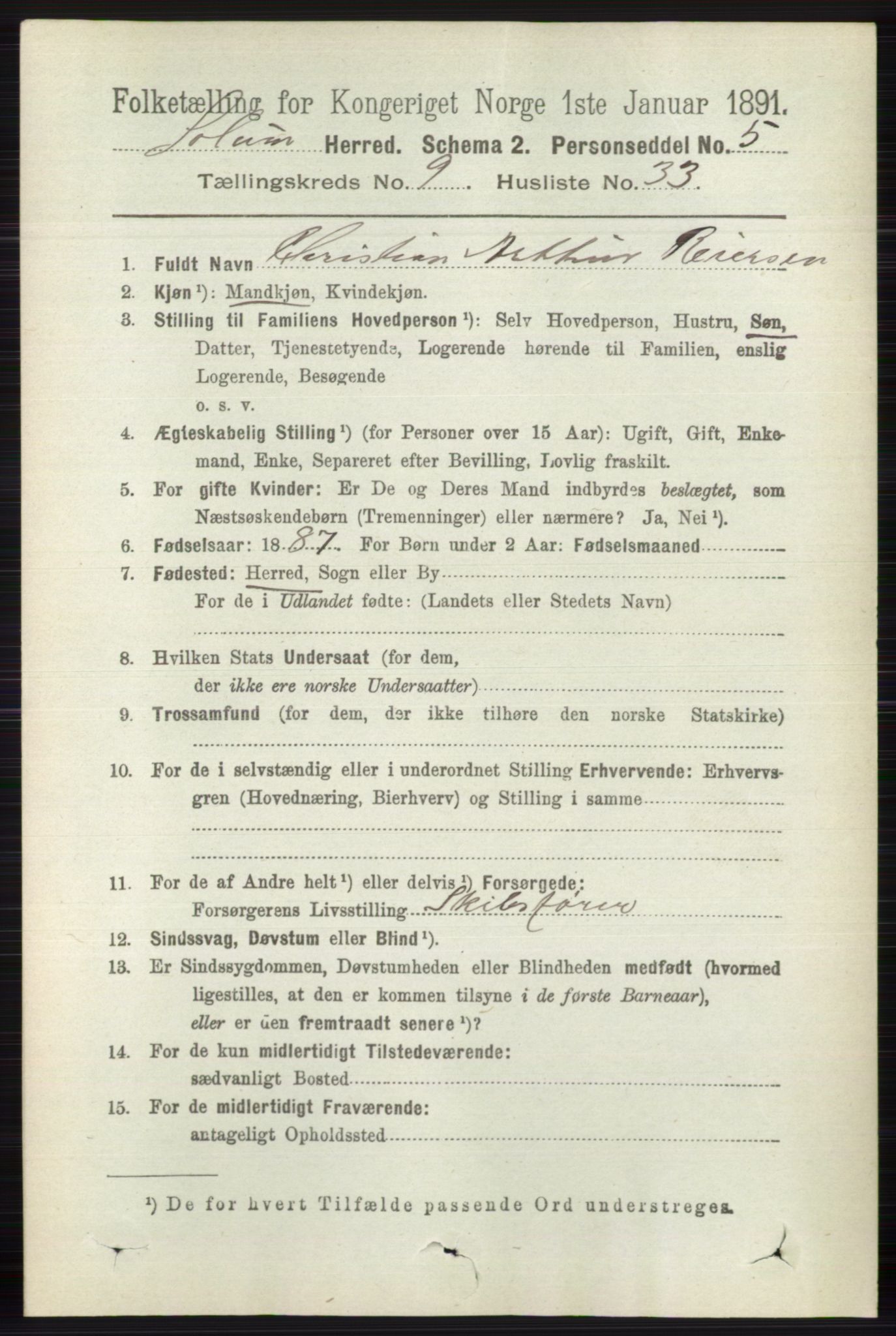 RA, 1891 census for 0818 Solum, 1891, p. 2192