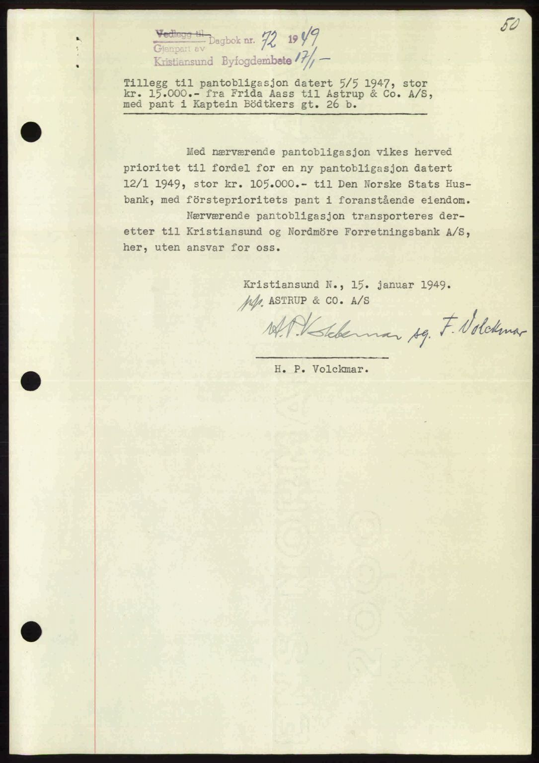 Kristiansund byfogd, AV/SAT-A-4587/A/27: Mortgage book no. 45, 1948-1949, Diary no: : 72/1949