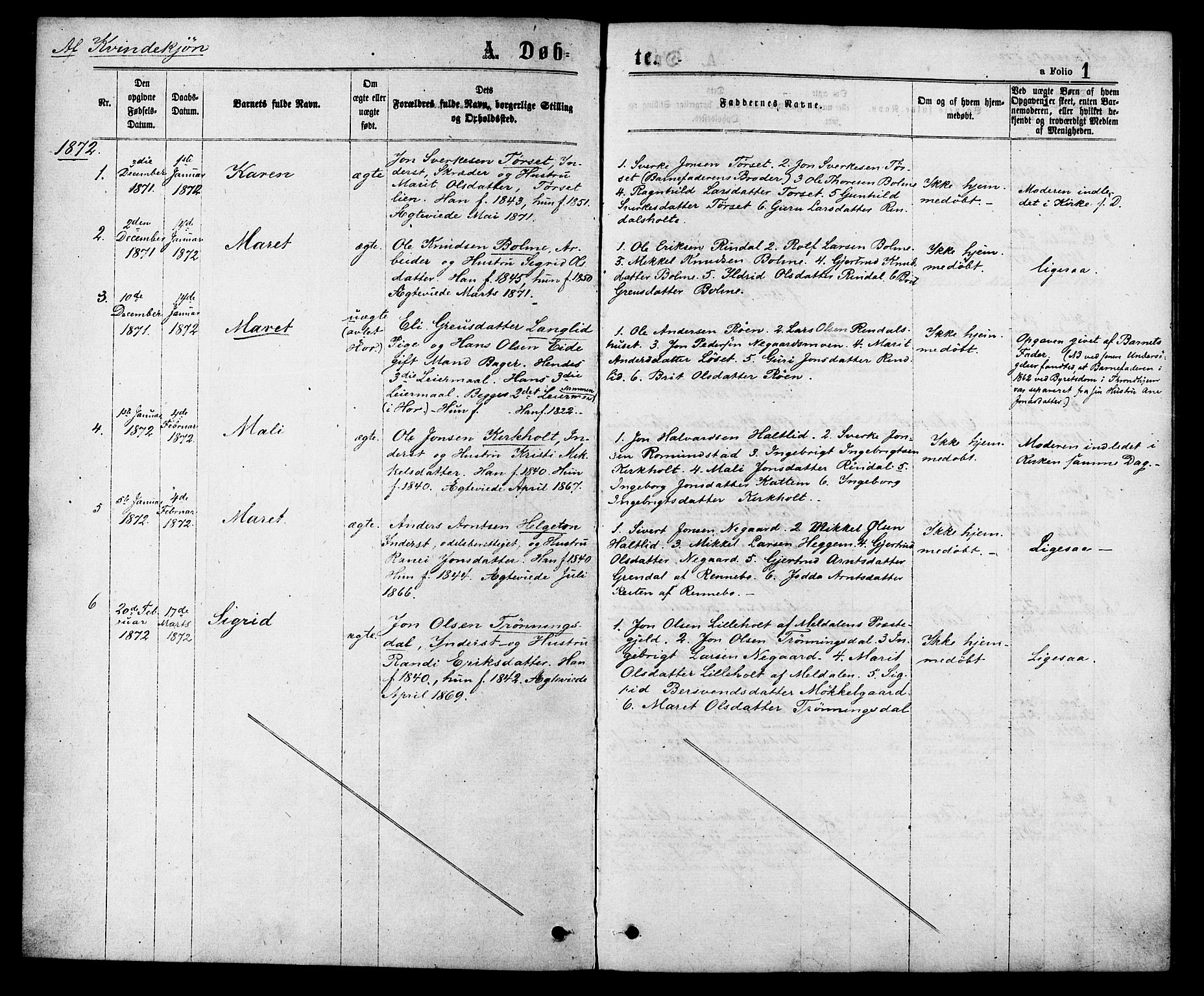 Ministerialprotokoller, klokkerbøker og fødselsregistre - Møre og Romsdal, SAT/A-1454/598/L1068: Parish register (official) no. 598A02, 1872-1881, p. 1