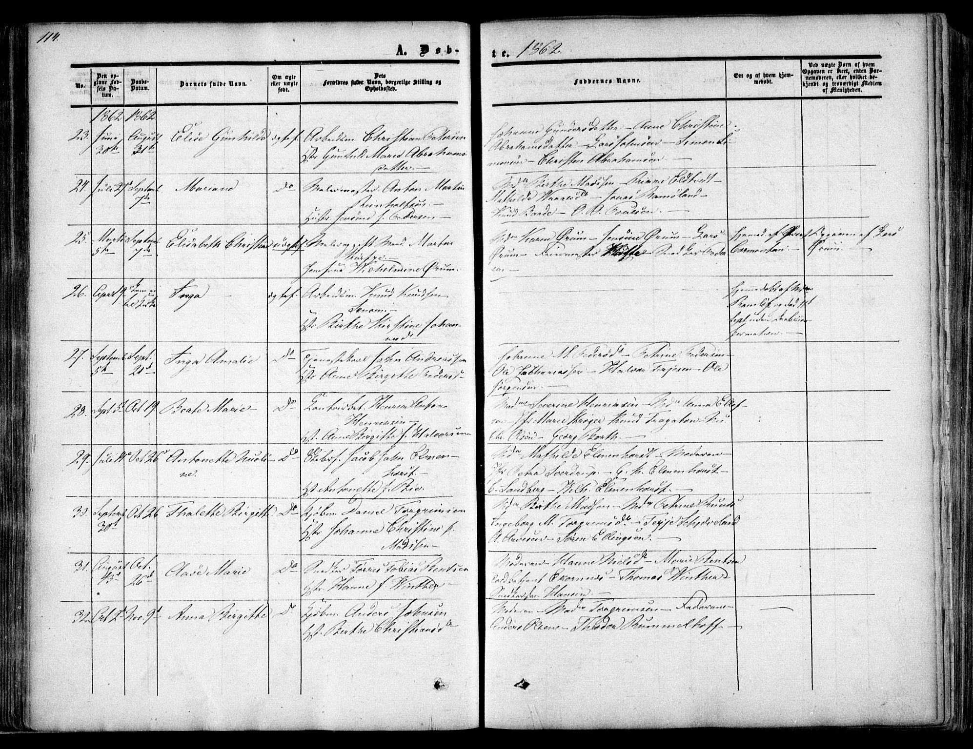 Arendal sokneprestkontor, Trefoldighet, SAK/1111-0040/F/Fa/L0006: Parish register (official) no. A 6, 1855-1868, p. 114