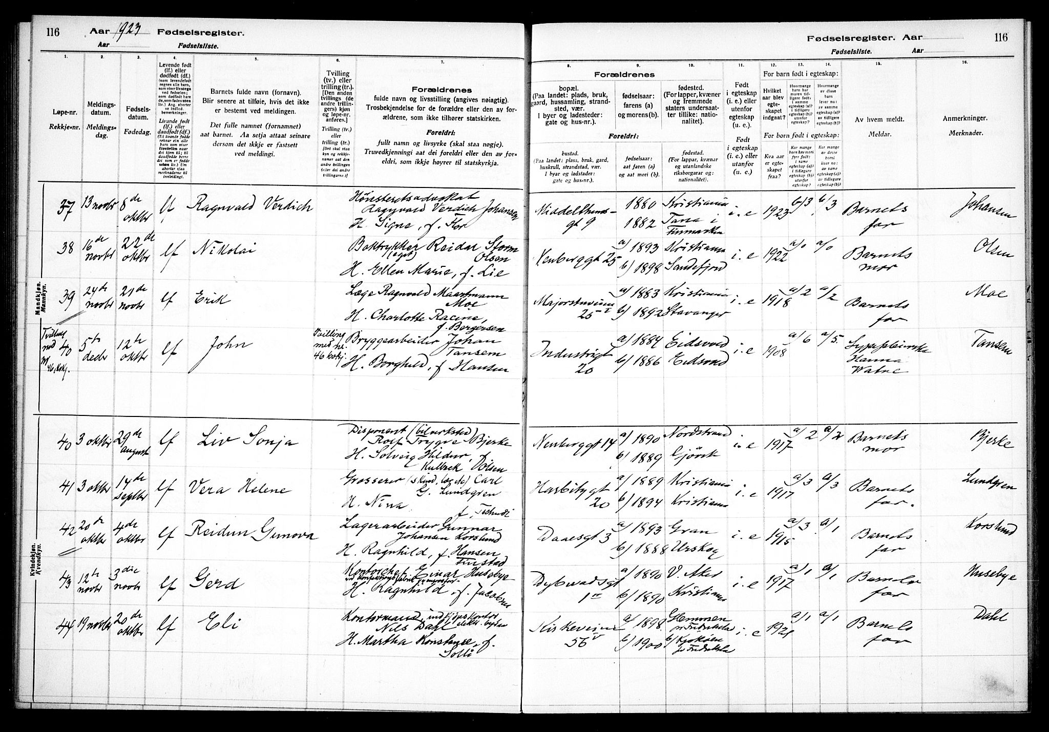 Uranienborg prestekontor Kirkebøker, AV/SAO-A-10877/J/Ja/L0001: Birth register no. 1, 1916-1930, p. 116