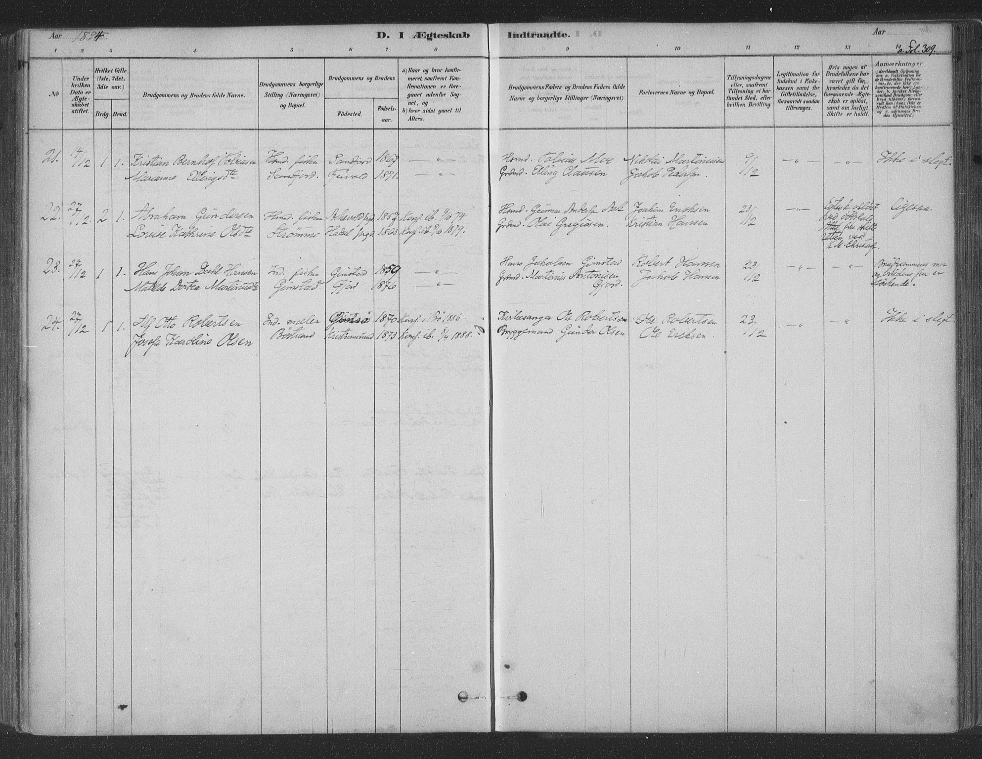 Ministerialprotokoller, klokkerbøker og fødselsregistre - Nordland, AV/SAT-A-1459/891/L1302: Parish register (official) no. 891A07, 1878-1895, p. 309