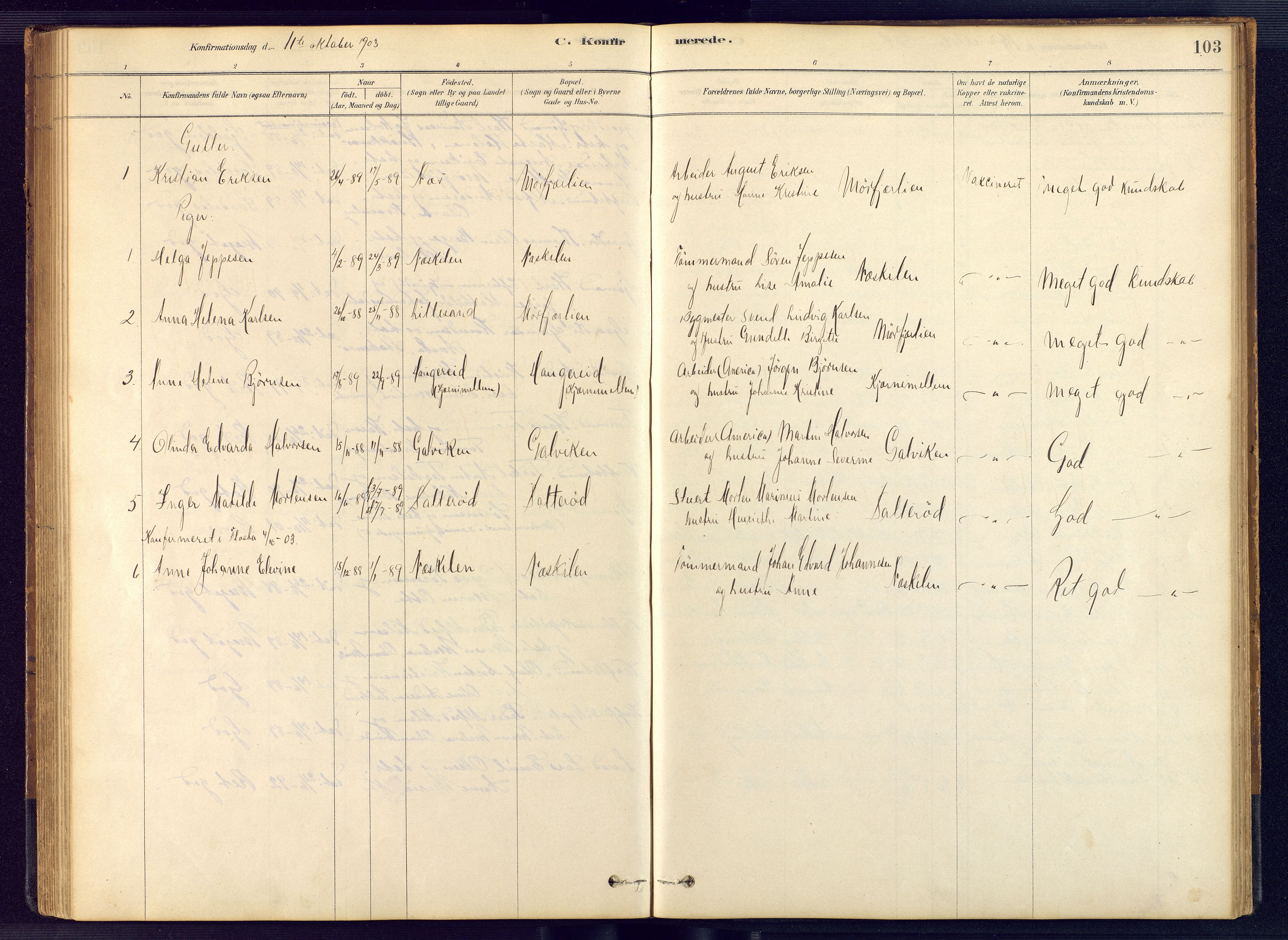 Austre Moland sokneprestkontor, SAK/1111-0001/F/Fb/Fbb/L0001: Parish register (copy) no. B 1, 1878-1904, p. 103