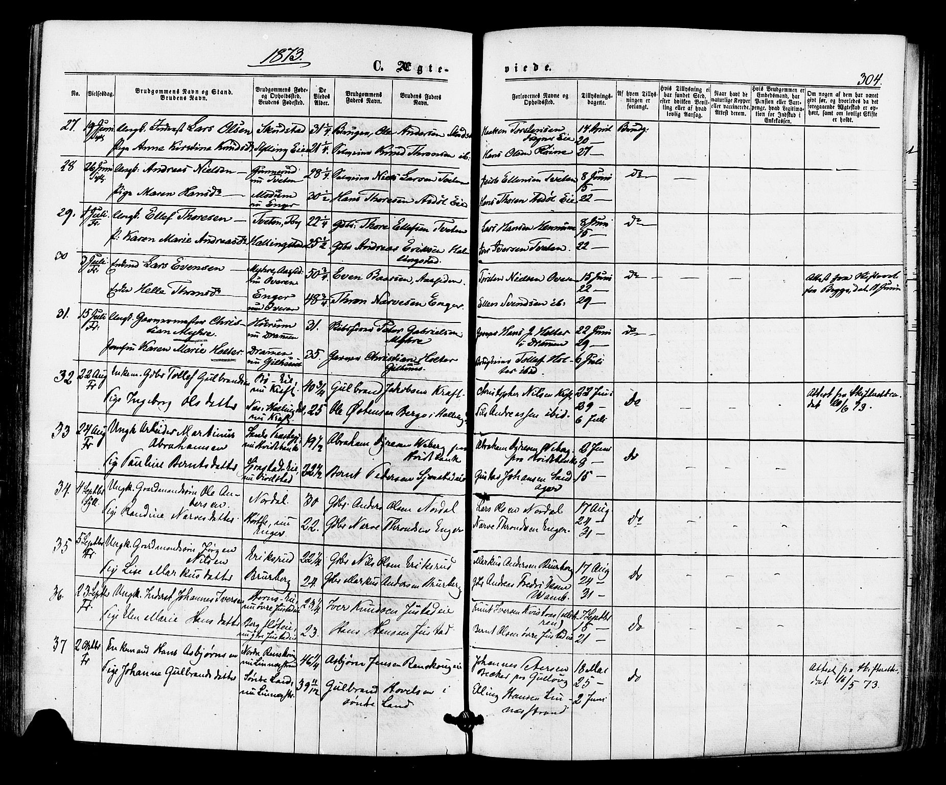 Lier kirkebøker, SAKO/A-230/F/Fa/L0013: Parish register (official) no. I 13, 1865-1874, p. 304