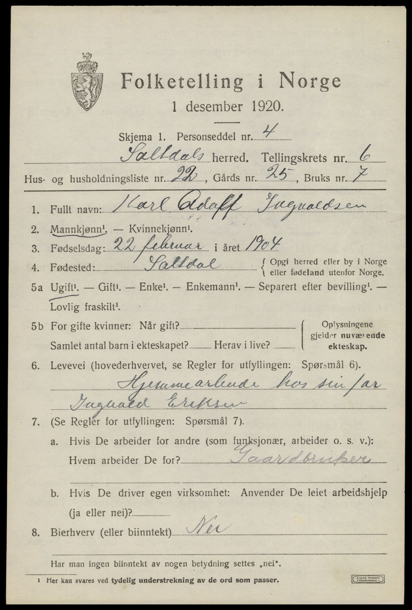 SAT, 1920 census for Saltdal, 1920, p. 7615