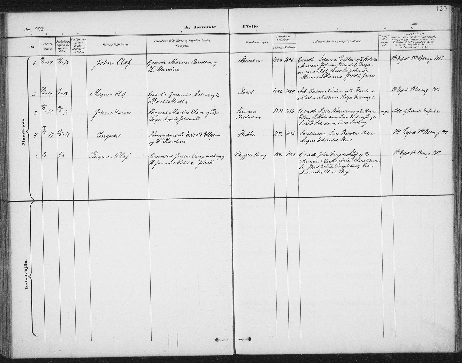 Ministerialprotokoller, klokkerbøker og fødselsregistre - Nord-Trøndelag, SAT/A-1458/724/L0269: Parish register (copy) no. 724C05, 1899-1920, p. 120