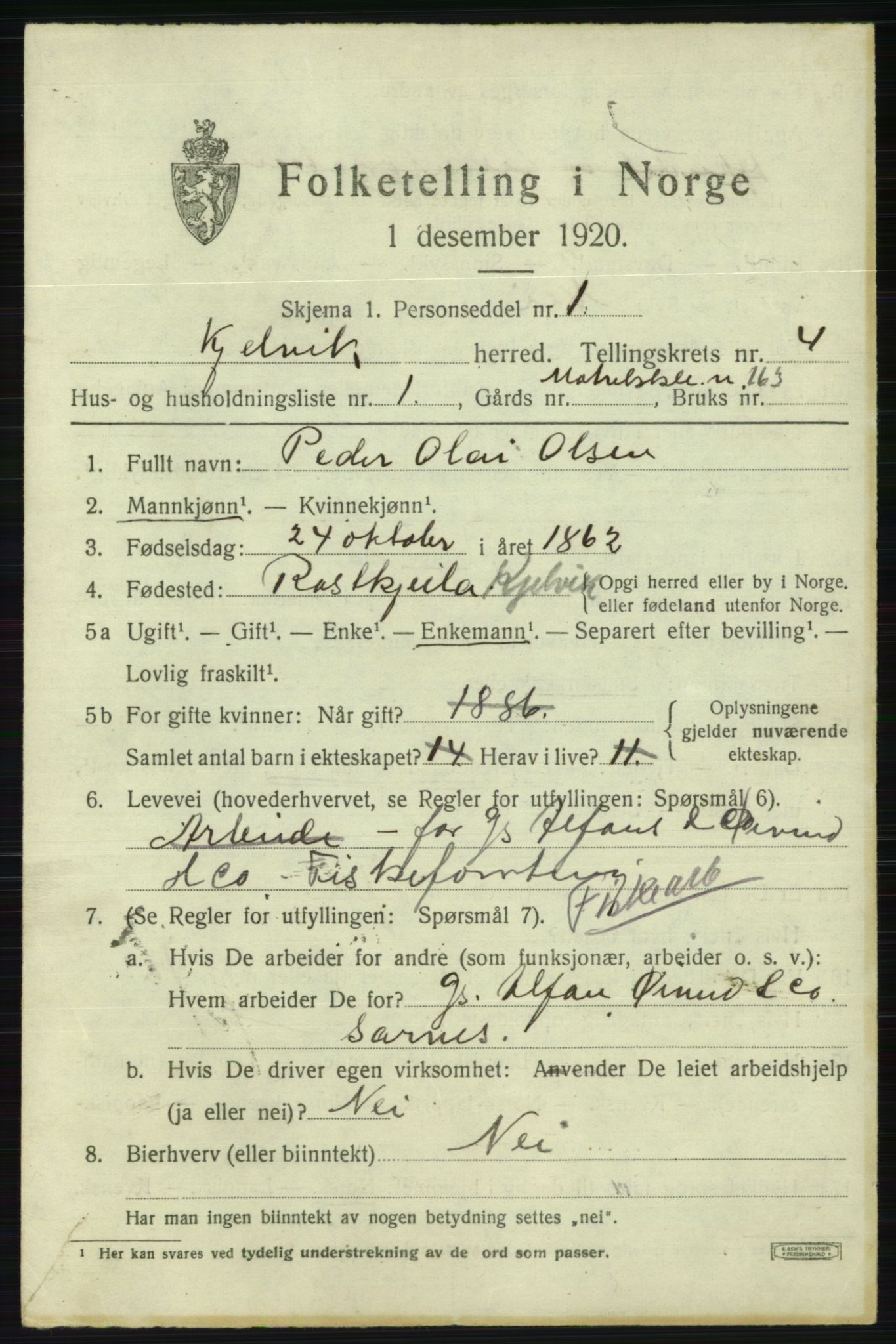 SATØ, 1920 census for Kjelvik, 1920, p. 1899