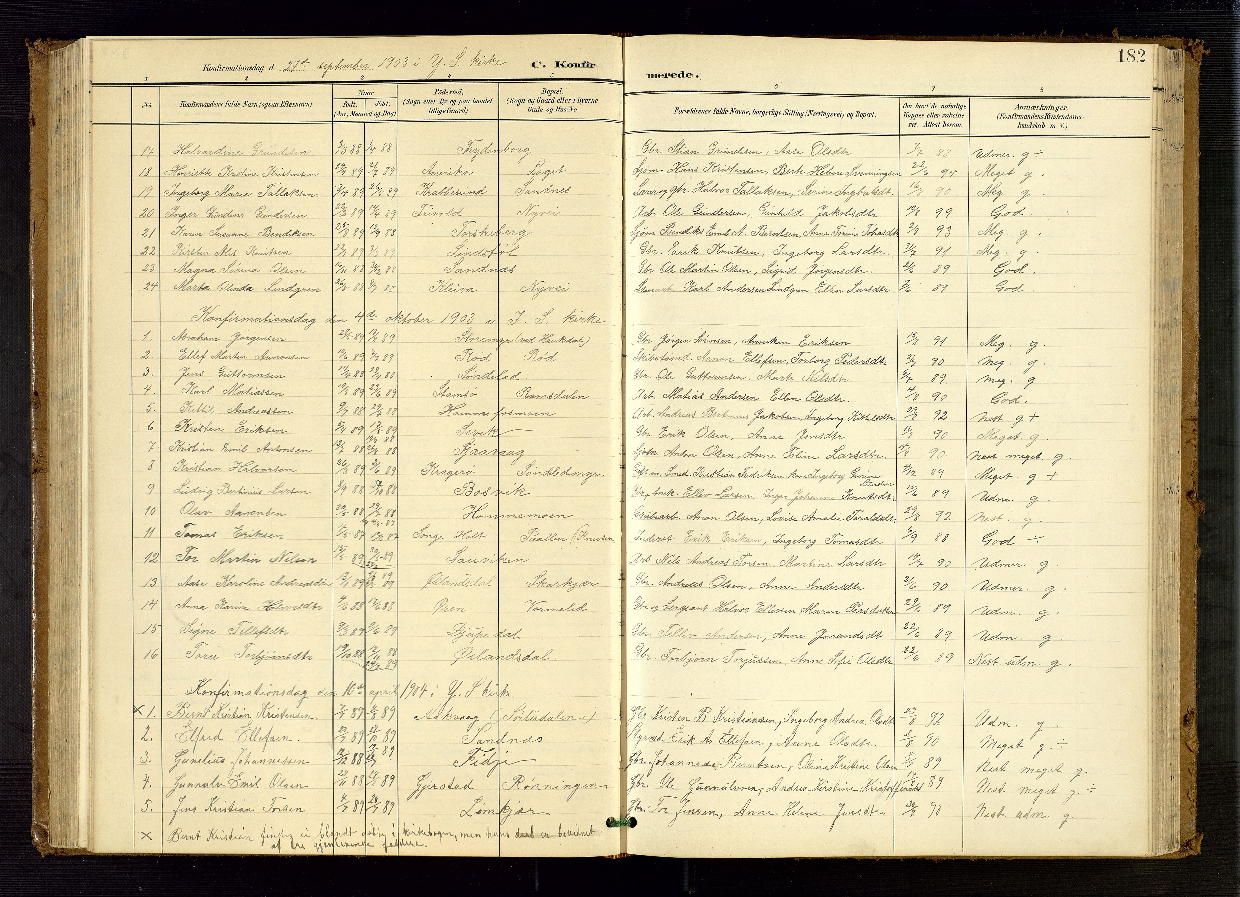 Søndeled sokneprestkontor, SAK/1111-0038/F/Fb/L0005: Parish register (copy) no. B 6, 1900-1962, p. 182