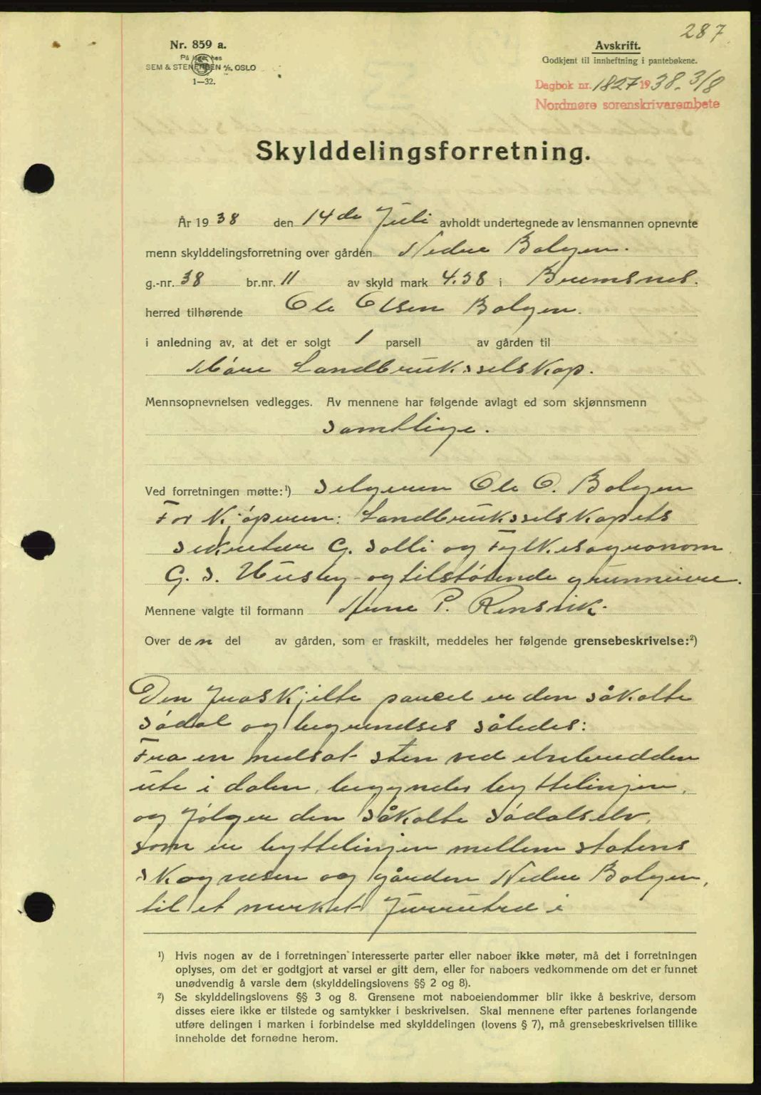 Nordmøre sorenskriveri, SAT/A-4132/1/2/2Ca: Mortgage book no. A84, 1938-1938, Diary no: : 1827/1938