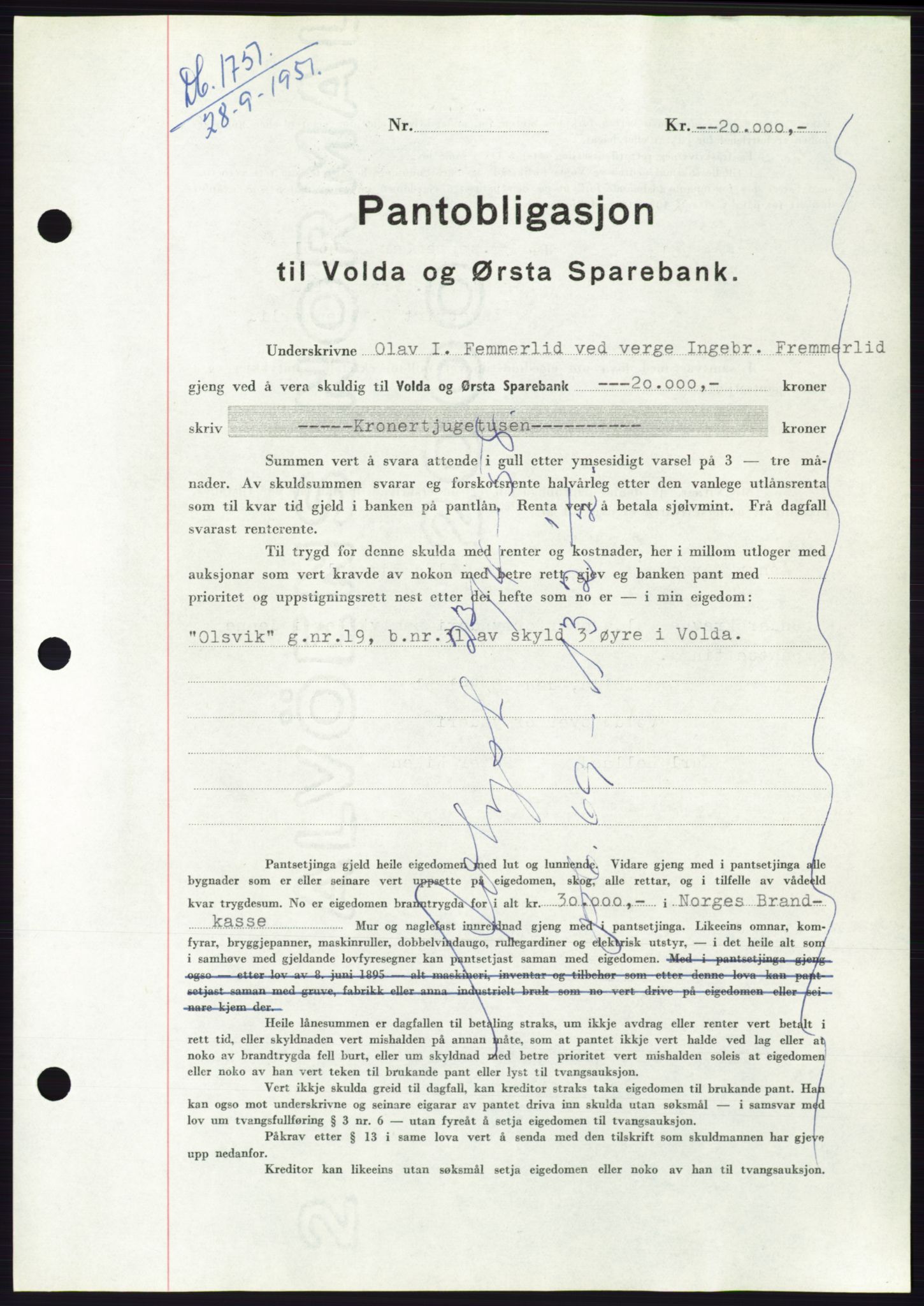 Søre Sunnmøre sorenskriveri, AV/SAT-A-4122/1/2/2C/L0120: Mortgage book no. 8B, 1951-1951, Diary no: : 1751/1951