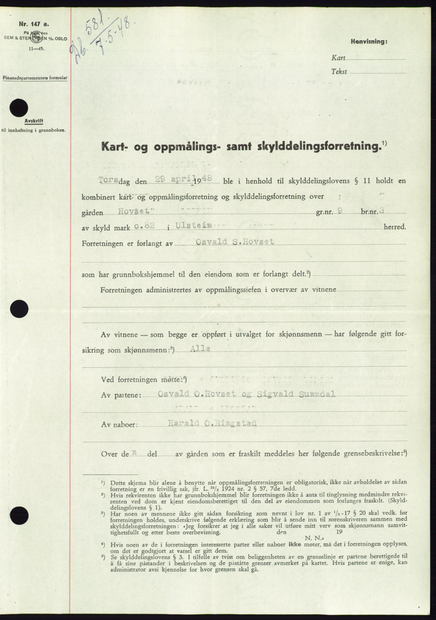 Søre Sunnmøre sorenskriveri, AV/SAT-A-4122/1/2/2C/L0082: Mortgage book no. 8A, 1948-1948, Diary no: : 581/1948