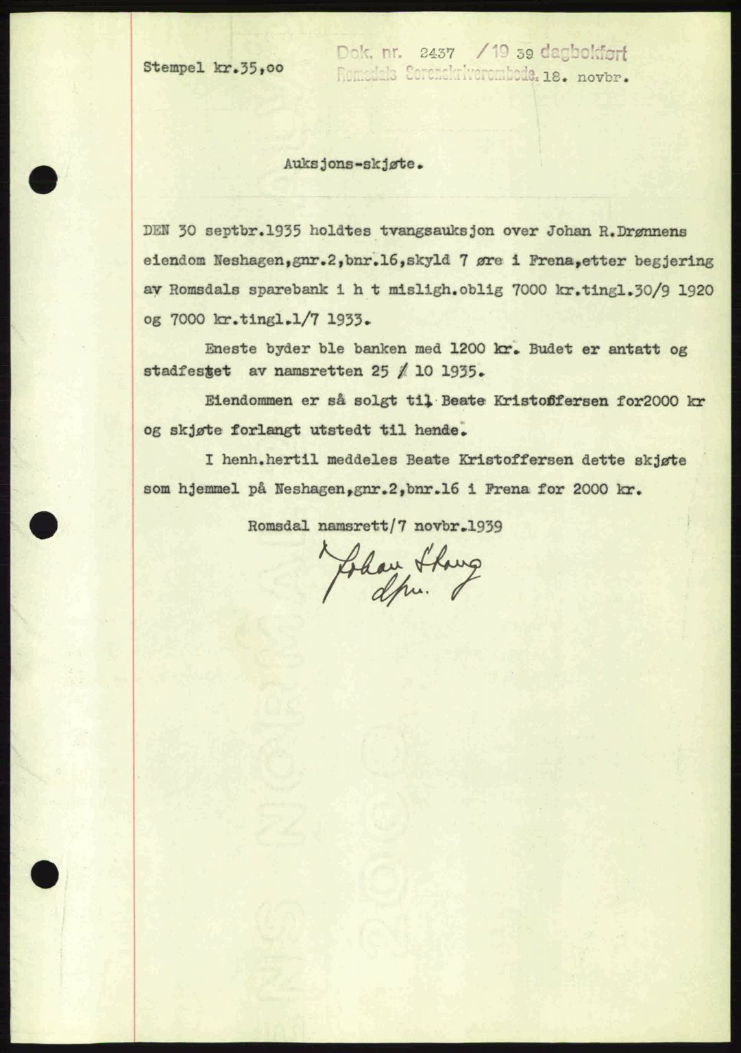 Romsdal sorenskriveri, AV/SAT-A-4149/1/2/2C: Mortgage book no. A7, 1939-1939, Diary no: : 2437/1939