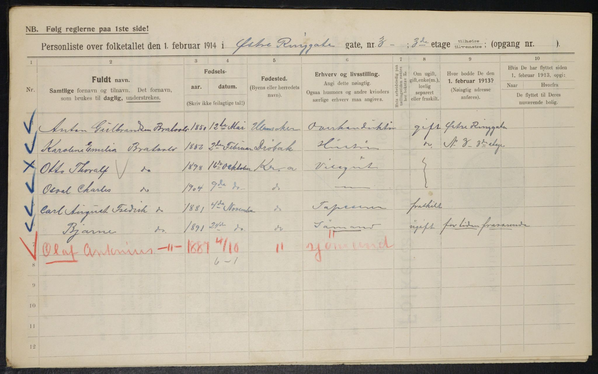 OBA, Municipal Census 1914 for Kristiania, 1914, p. 130453