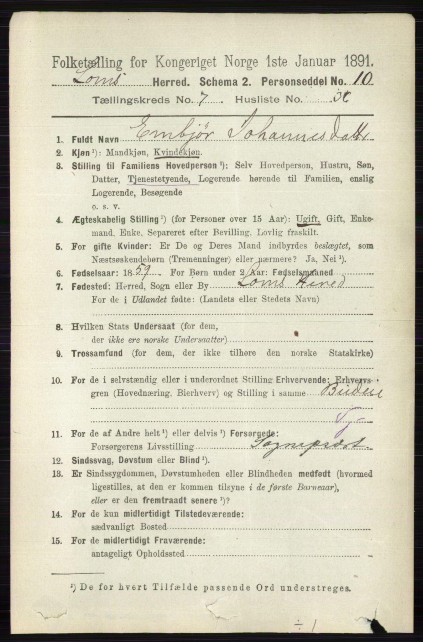 RA, 1891 census for 0514 Lom, 1891, p. 3040