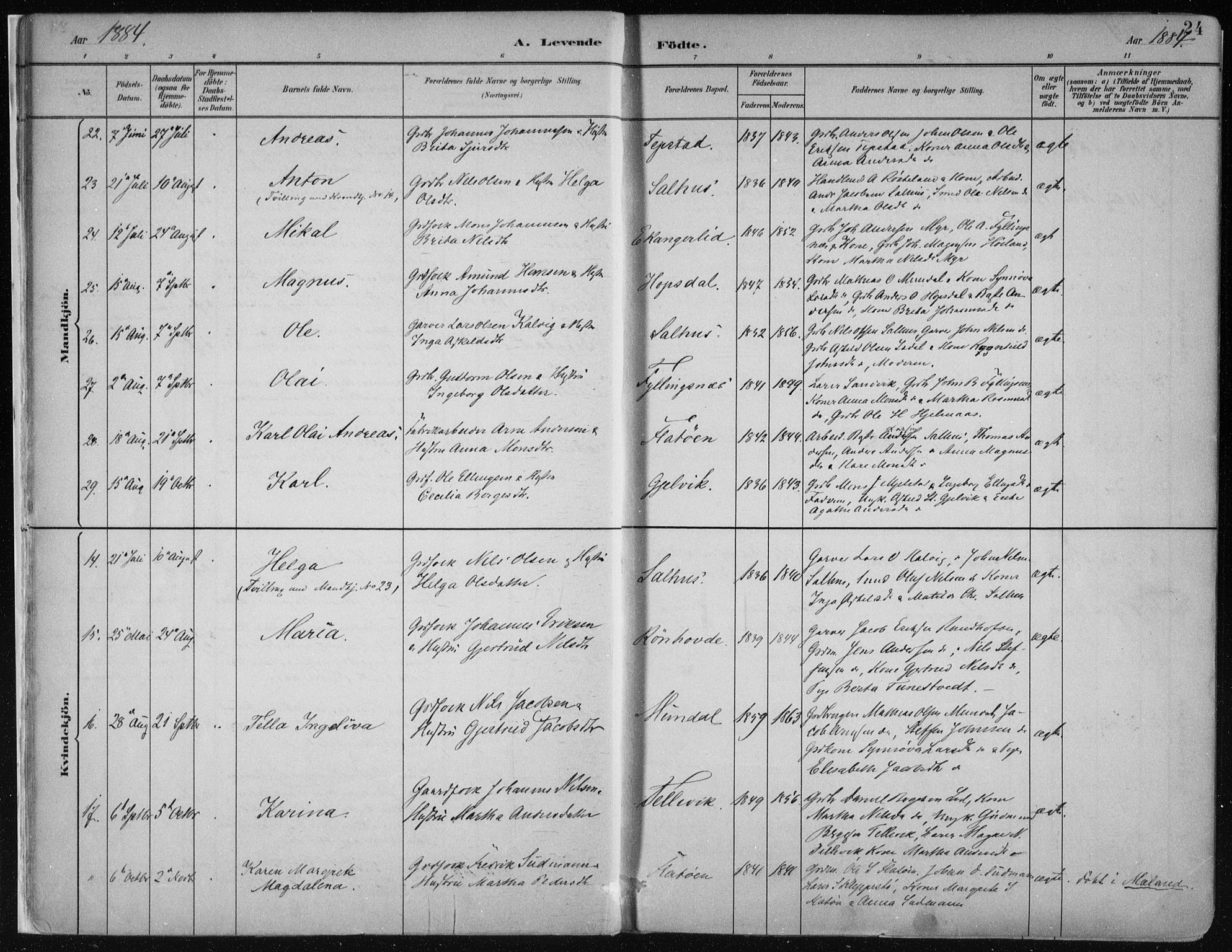 Hamre sokneprestembete, AV/SAB-A-75501/H/Ha/Haa/Haab/L0001: Parish register (official) no. B  1, 1882-1905, p. 24