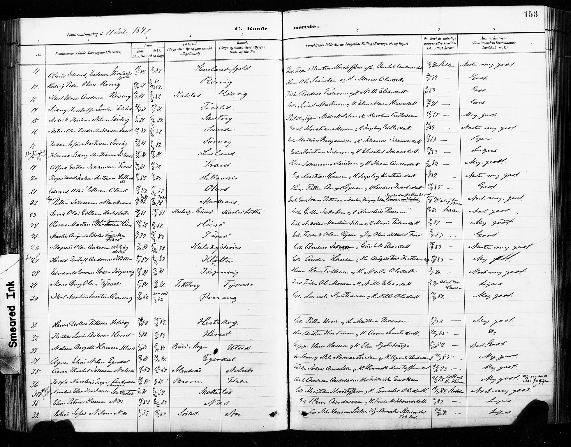 Ministerialprotokoller, klokkerbøker og fødselsregistre - Nordland, AV/SAT-A-1459/859/L0847: Parish register (official) no. 859A07, 1890-1899, p. 153