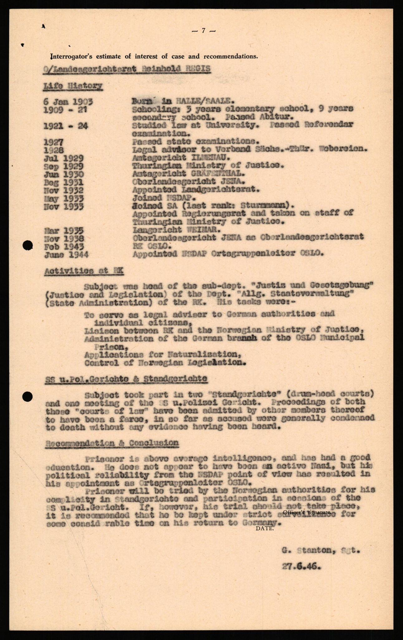 Forsvaret, Forsvarets overkommando II, RA/RAFA-3915/D/Db/L0027: CI Questionaires. Tyske okkupasjonsstyrker i Norge. Tyskere., 1945-1946, p. 95