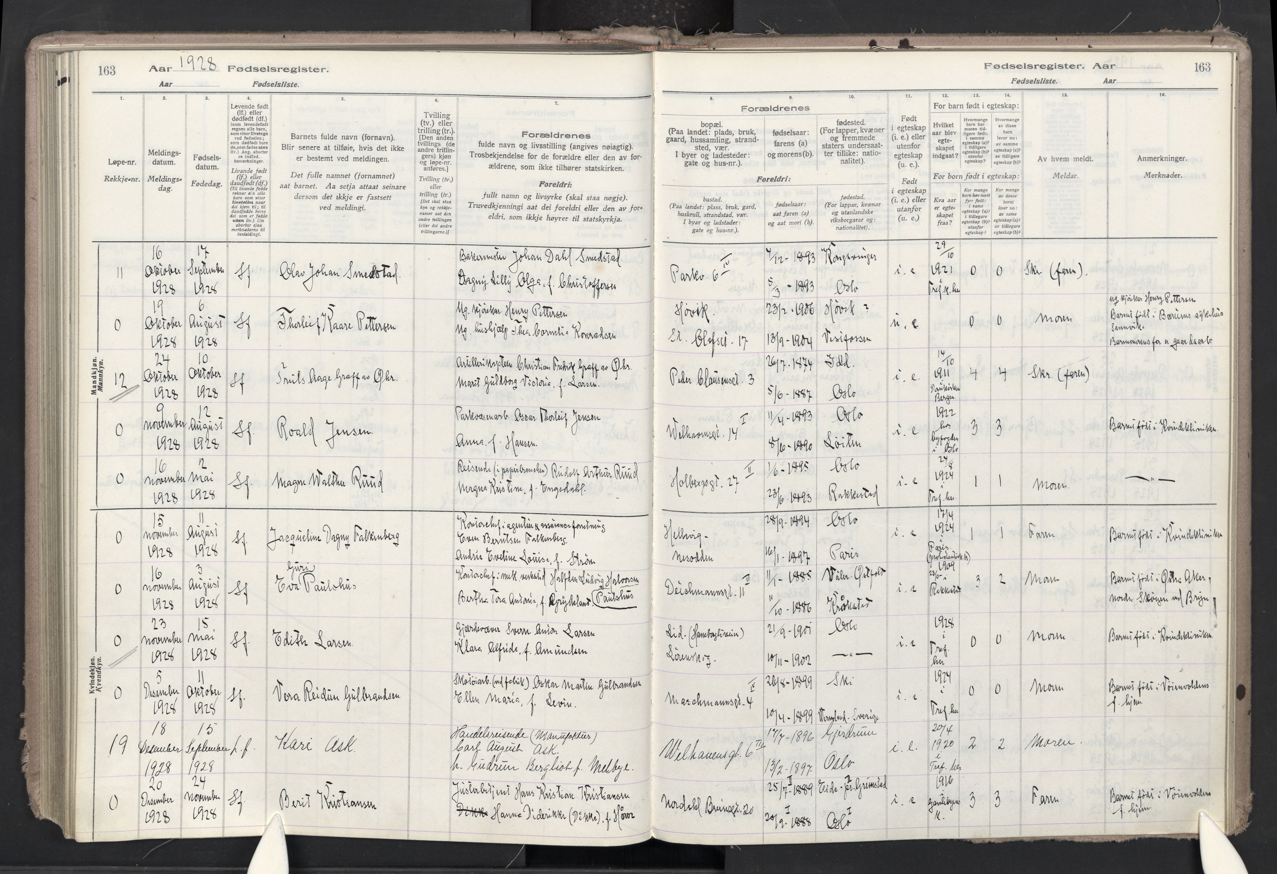 Trefoldighet prestekontor Kirkebøker, SAO/A-10882/J/Ja/L0001: Birth register no. 1, 1916-1931, p. 163