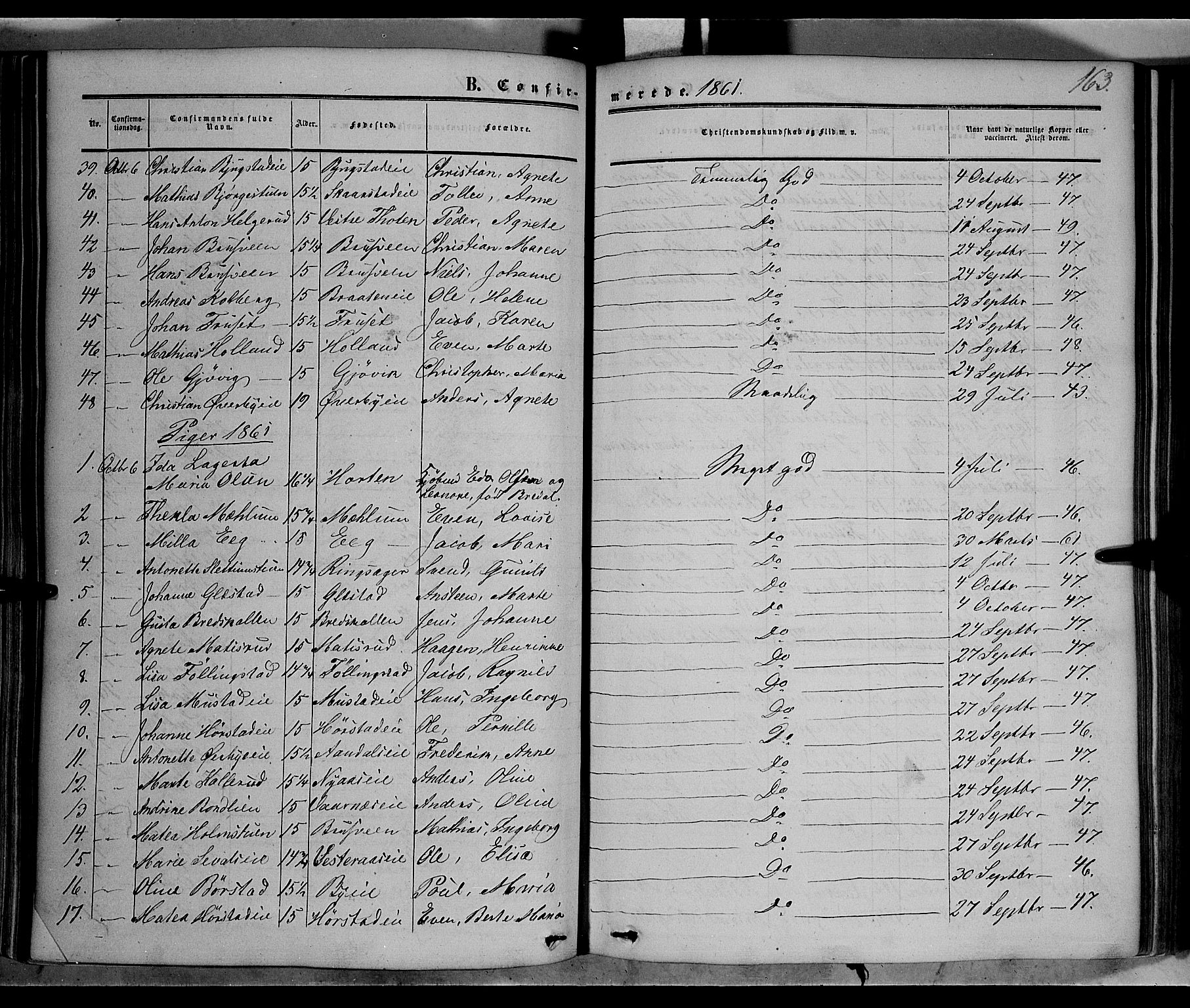 Vardal prestekontor, SAH/PREST-100/H/Ha/Haa/L0006: Parish register (official) no. 6, 1854-1866, p. 163