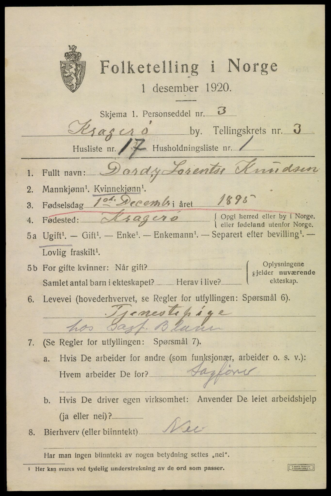 SAKO, 1920 census for Kragerø, 1920, p. 7265