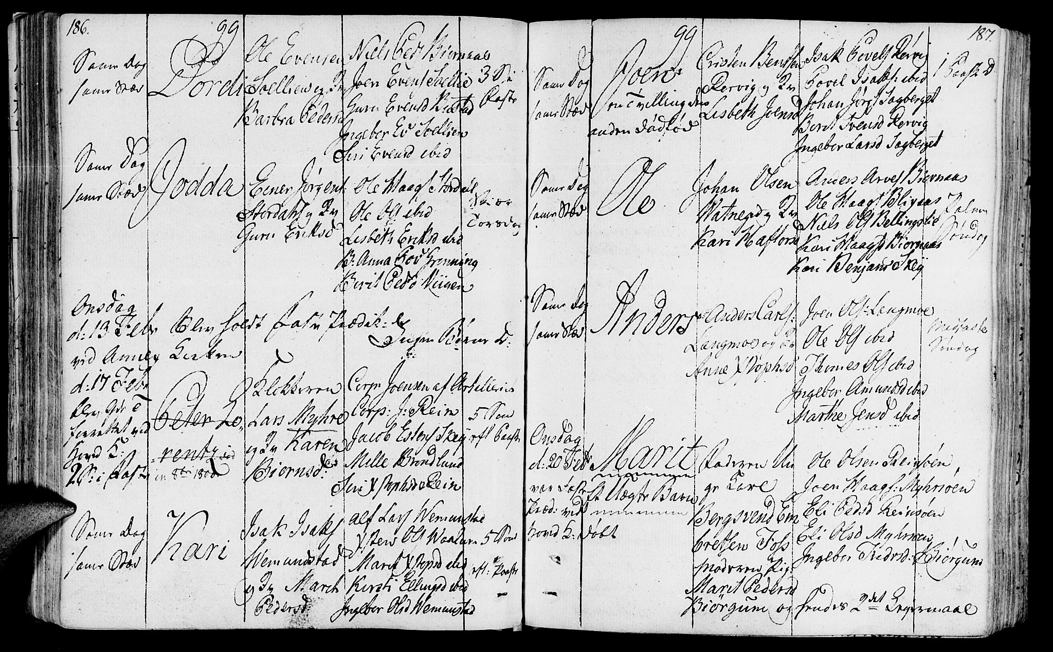 Ministerialprotokoller, klokkerbøker og fødselsregistre - Sør-Trøndelag, SAT/A-1456/646/L0606: Parish register (official) no. 646A04, 1791-1805, p. 186-187