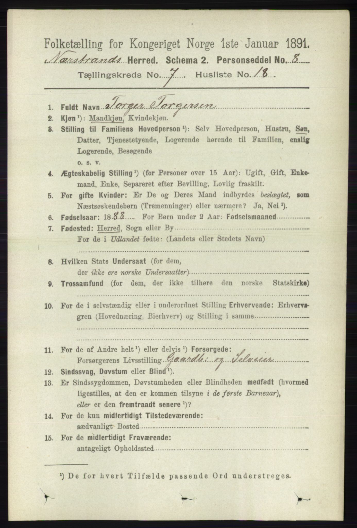 RA, 1891 census for 1139 Nedstrand, 1891, p. 1281