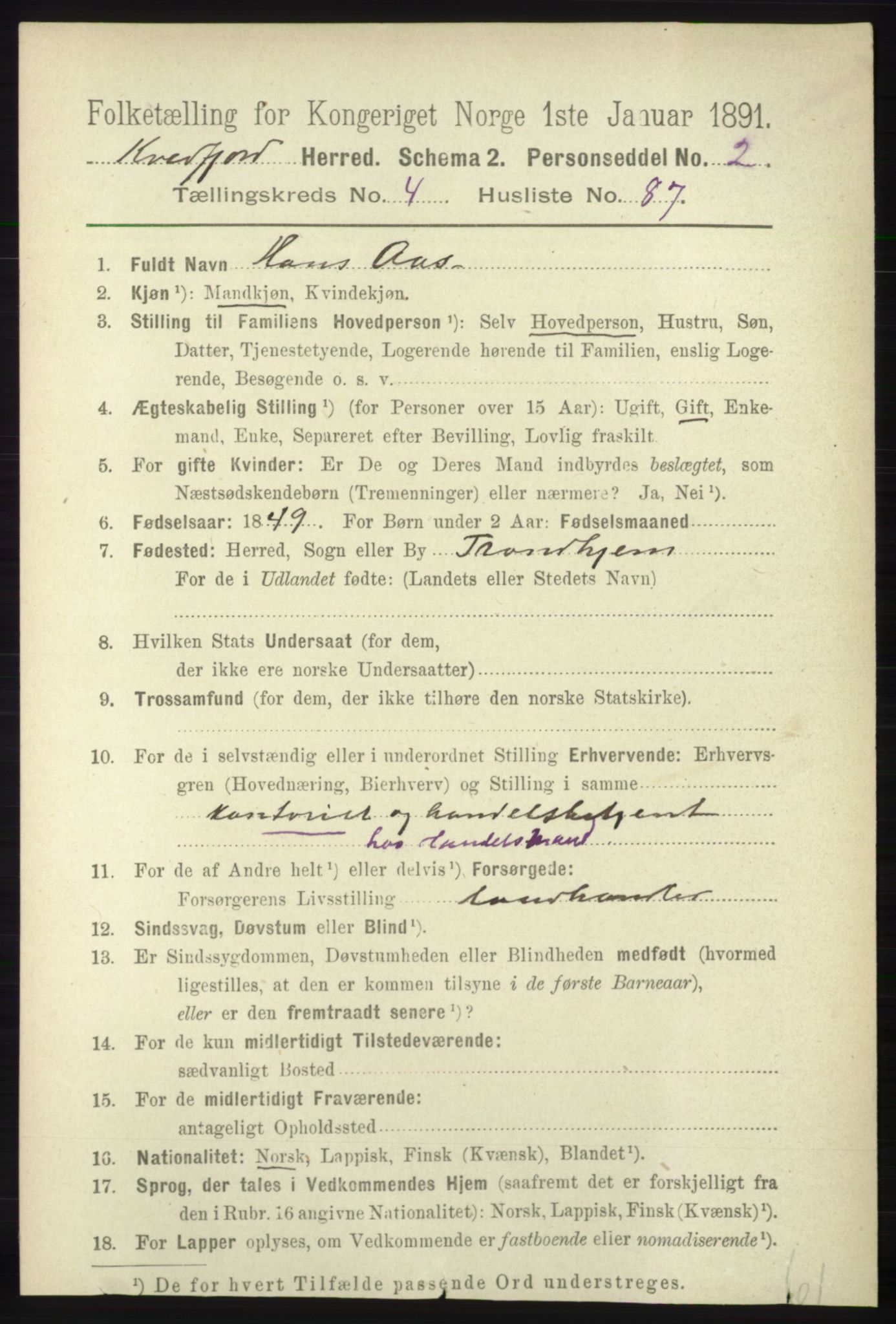 RA, 1891 census for 1911 Kvæfjord, 1891, p. 2495