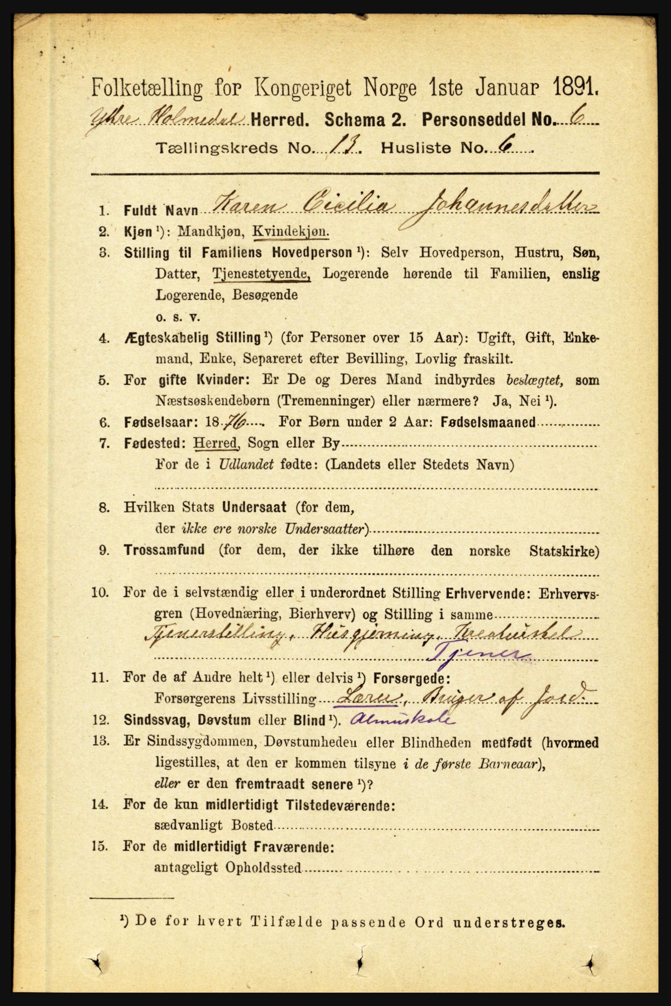 RA, 1891 census for 1429 Ytre Holmedal, 1891, p. 3477