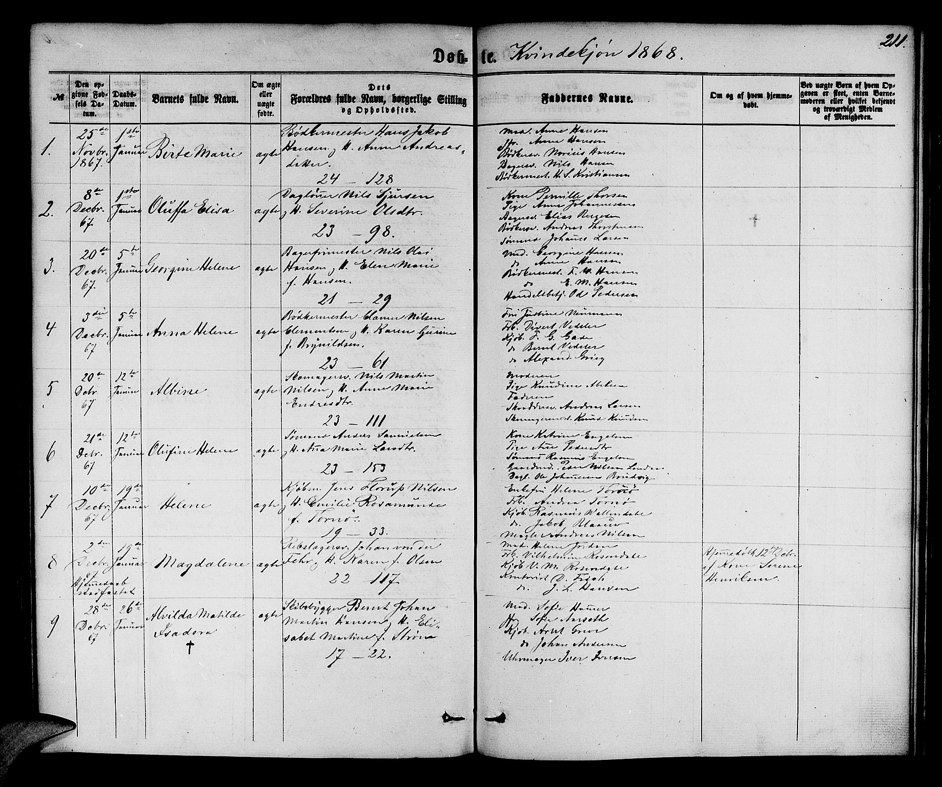 Korskirken sokneprestembete, SAB/A-76101/H/Hab: Parish register (copy) no. B 5, 1863-1868, p. 211