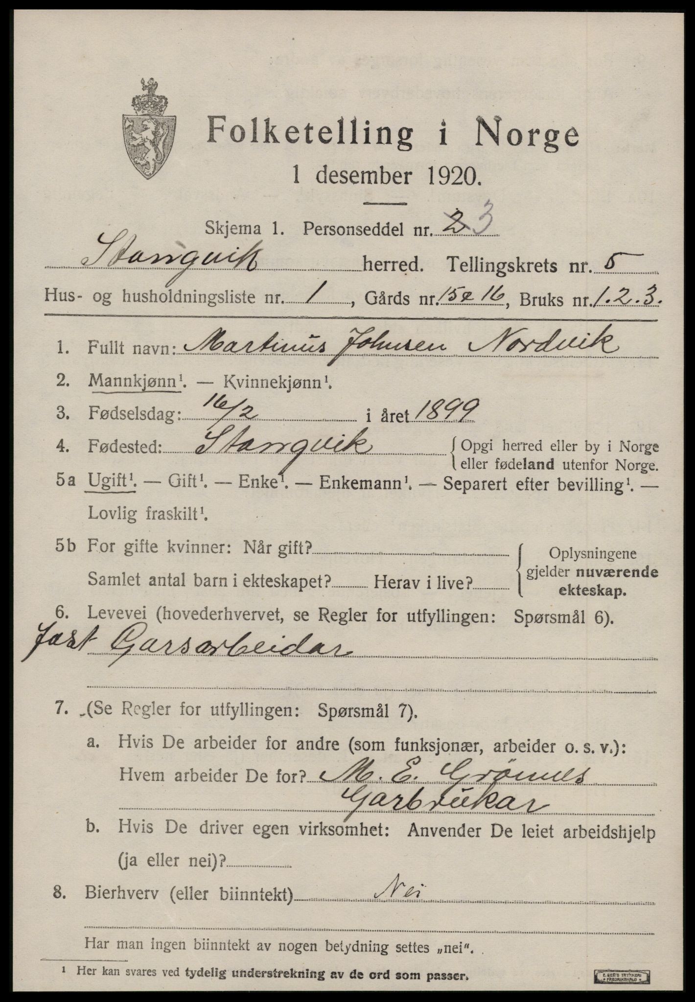 SAT, 1920 census for Stangvik, 1920, p. 3292