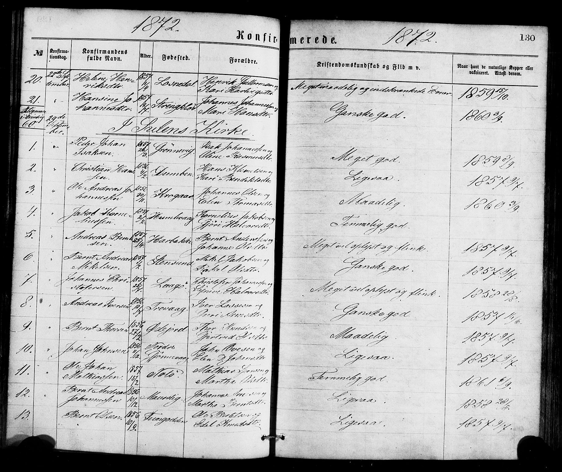 Gulen sokneprestembete, AV/SAB-A-80201/H/Haa/Haaa/L0023: Parish register (official) no. A 23, 1870-1880, p. 130