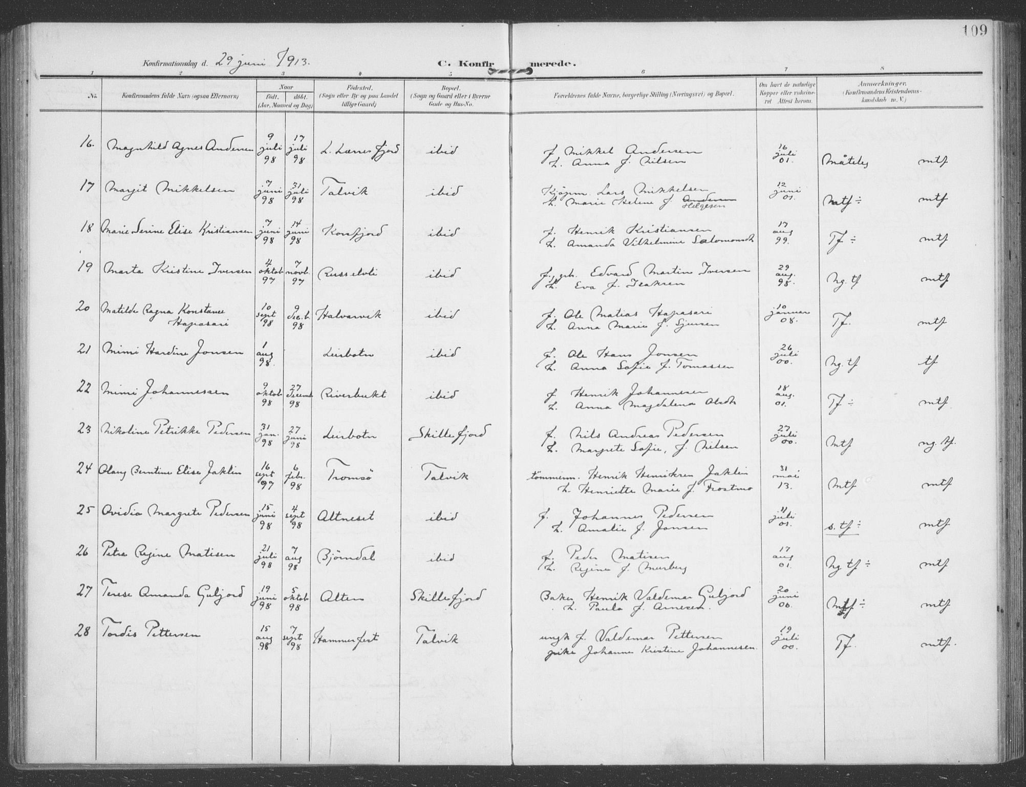 Talvik sokneprestkontor, SATØ/S-1337/H/Ha/L0017kirke: Parish register (official) no. 17, 1906-1915, p. 109