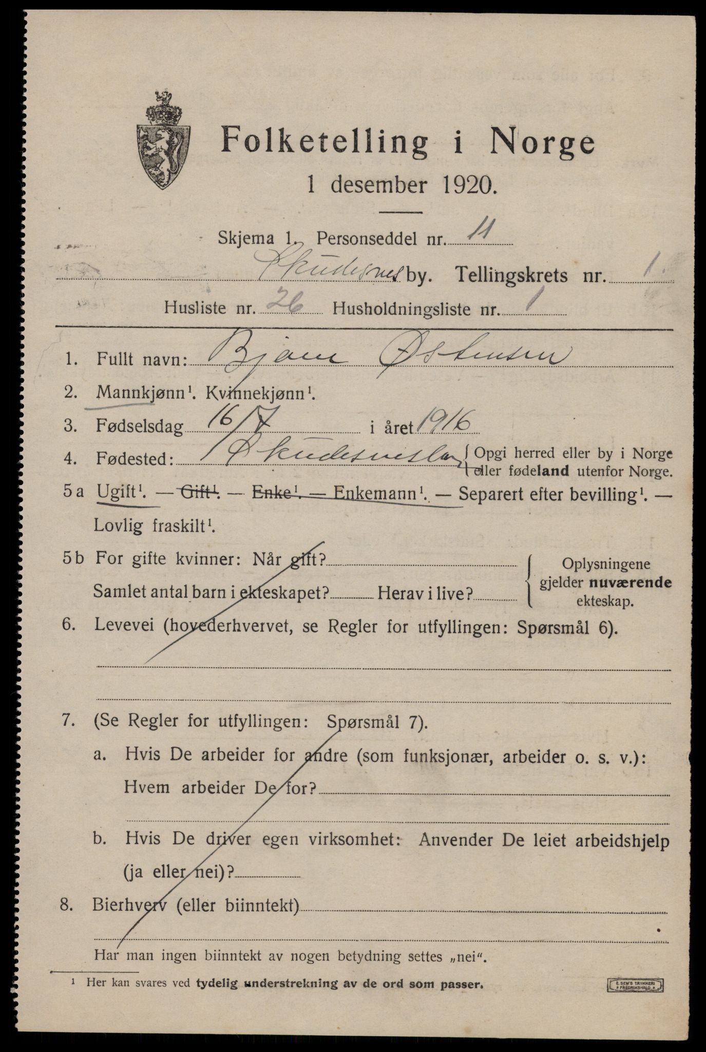 SAST, 1920 census for Skudeneshavn, 1920, p. 1398