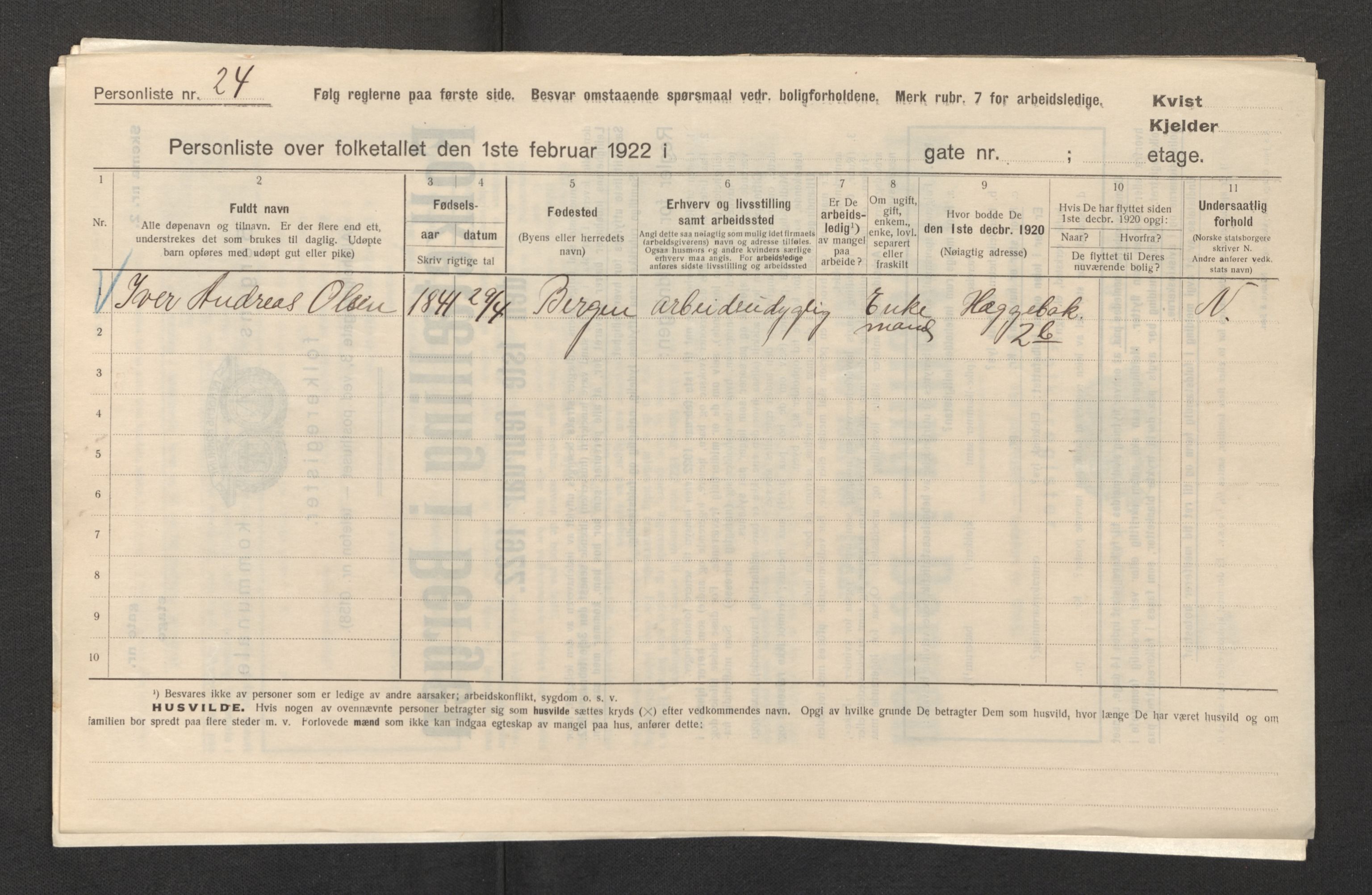 SAB, Municipal Census 1922 for Bergen, 1922, p. 13899