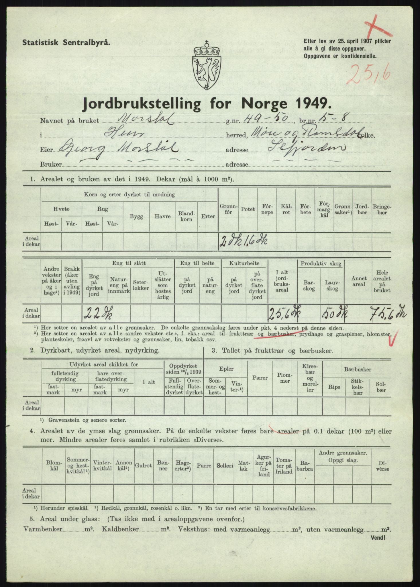 Statistisk sentralbyrå, Næringsøkonomiske emner, Jordbruk, skogbruk, jakt, fiske og fangst, AV/RA-S-2234/G/Gc/L0323: Møre og Romsdal: Grytten og Hen, 1949, p. 699