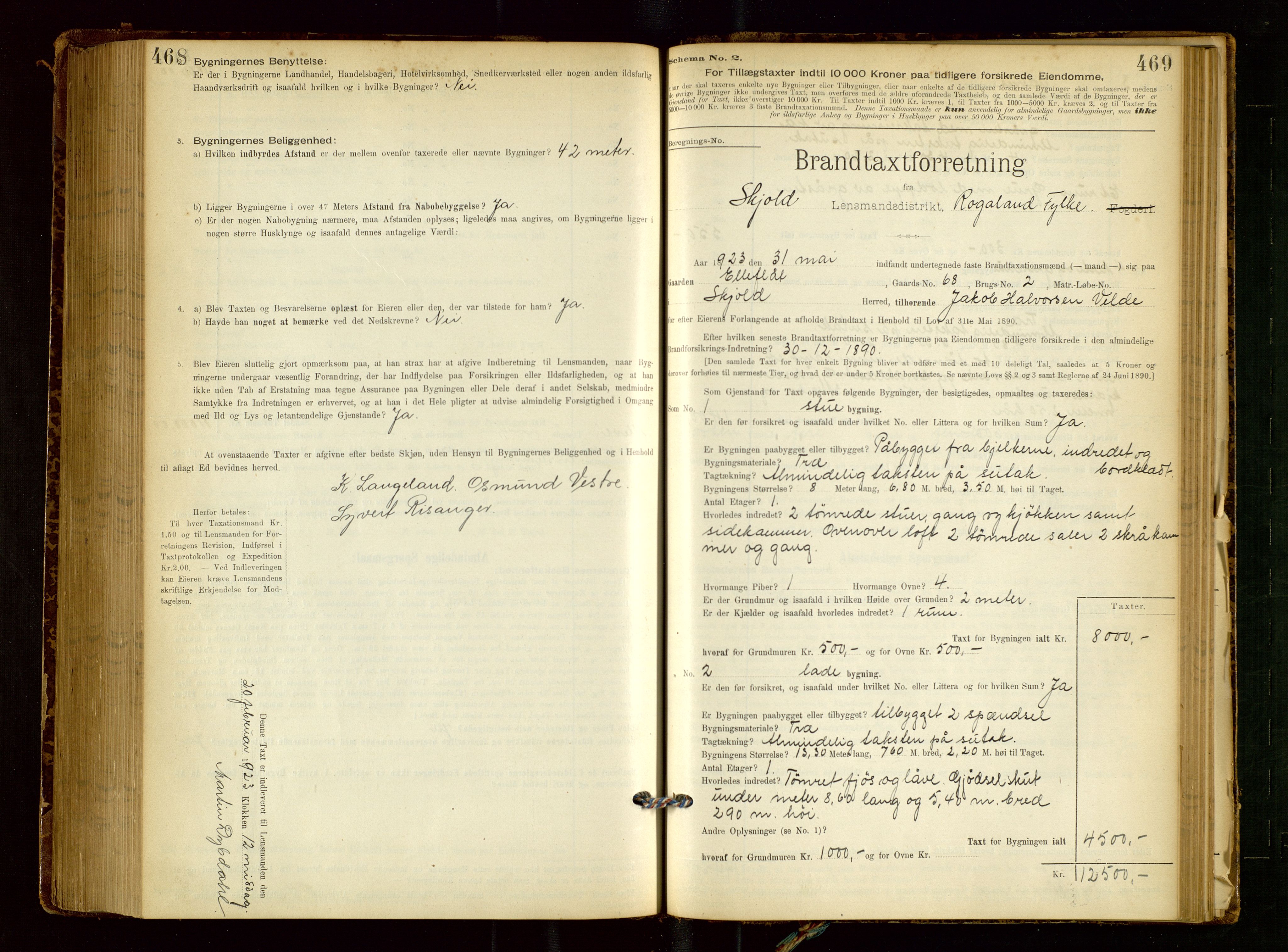 Skjold lensmannskontor, AV/SAST-A-100182/Gob/L0001: "Brandtaxationsprotokol for Skjold Lensmandsdistrikt Ryfylke Fogderi", 1894-1939, p. 468-469