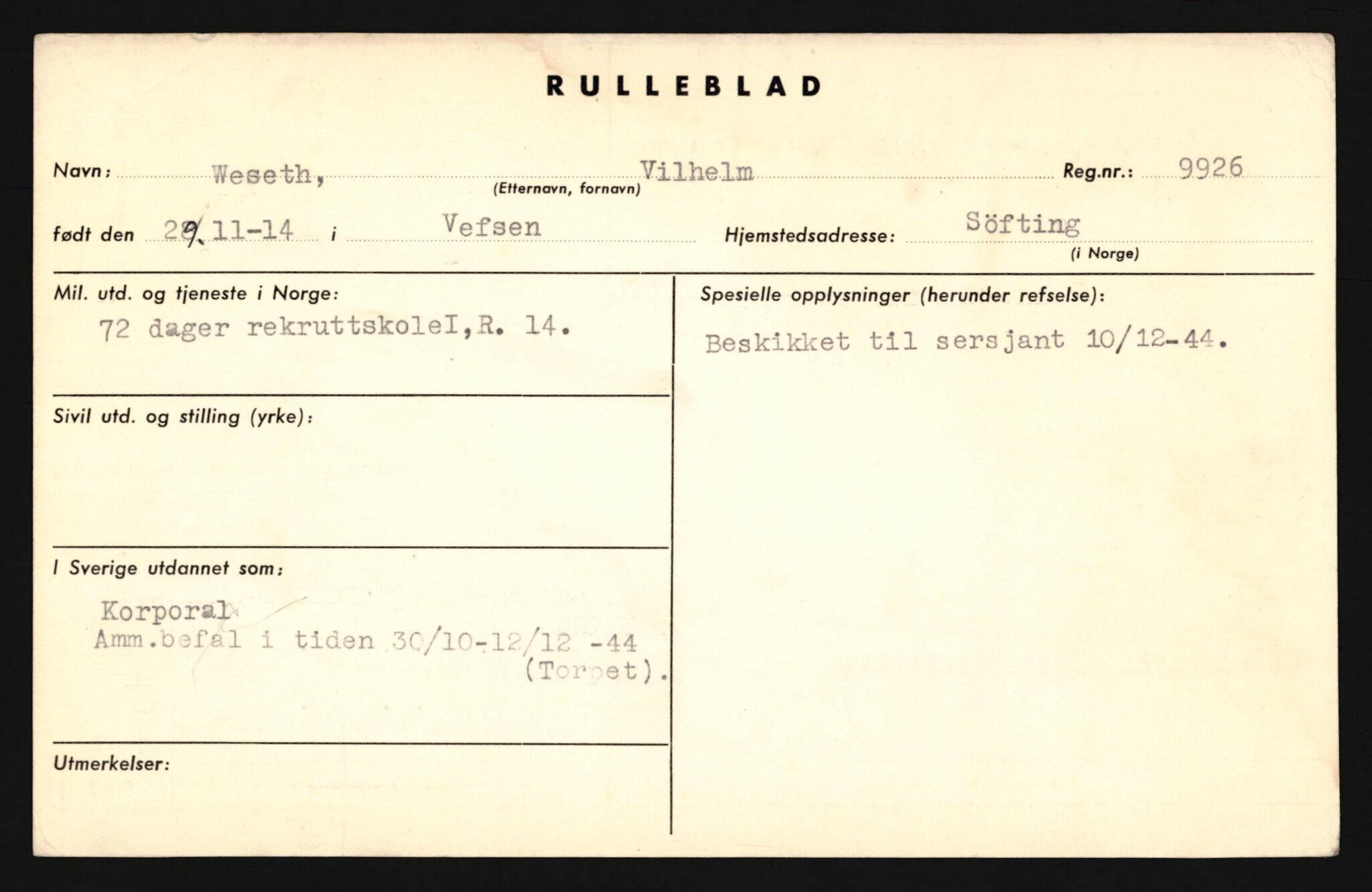 Forsvaret, Sør-Hålogaland landforsvar, AV/RA-RAFA-2552/P/Pa/L0302: Personellmapper for slettet personell, yrkesbefal og vernepliktig befal, født 1913-1916, 1932-1976, p. 278