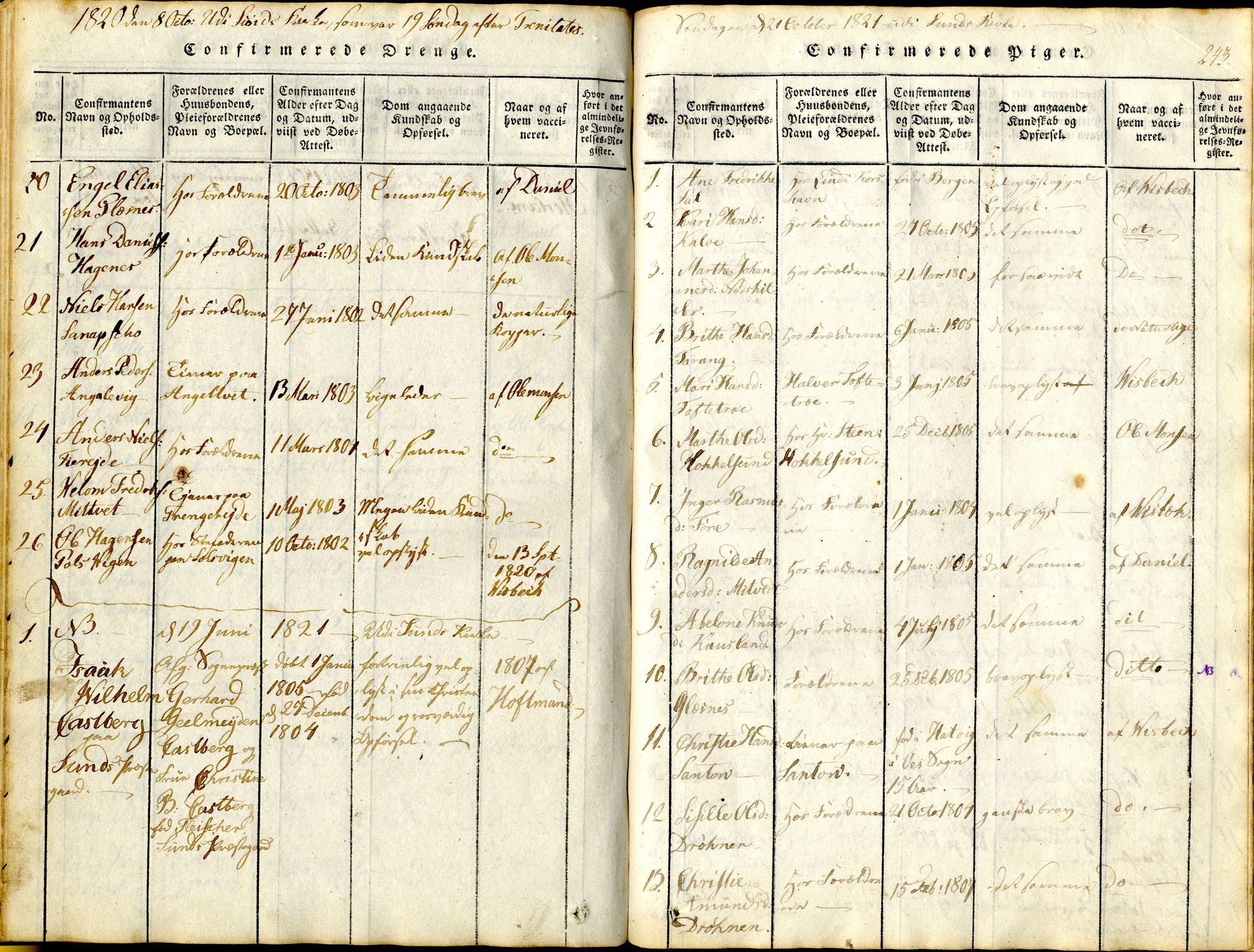 Sund sokneprestembete, SAB/A-99930: Parish register (official) no. A 11, 1814-1825, p. 243