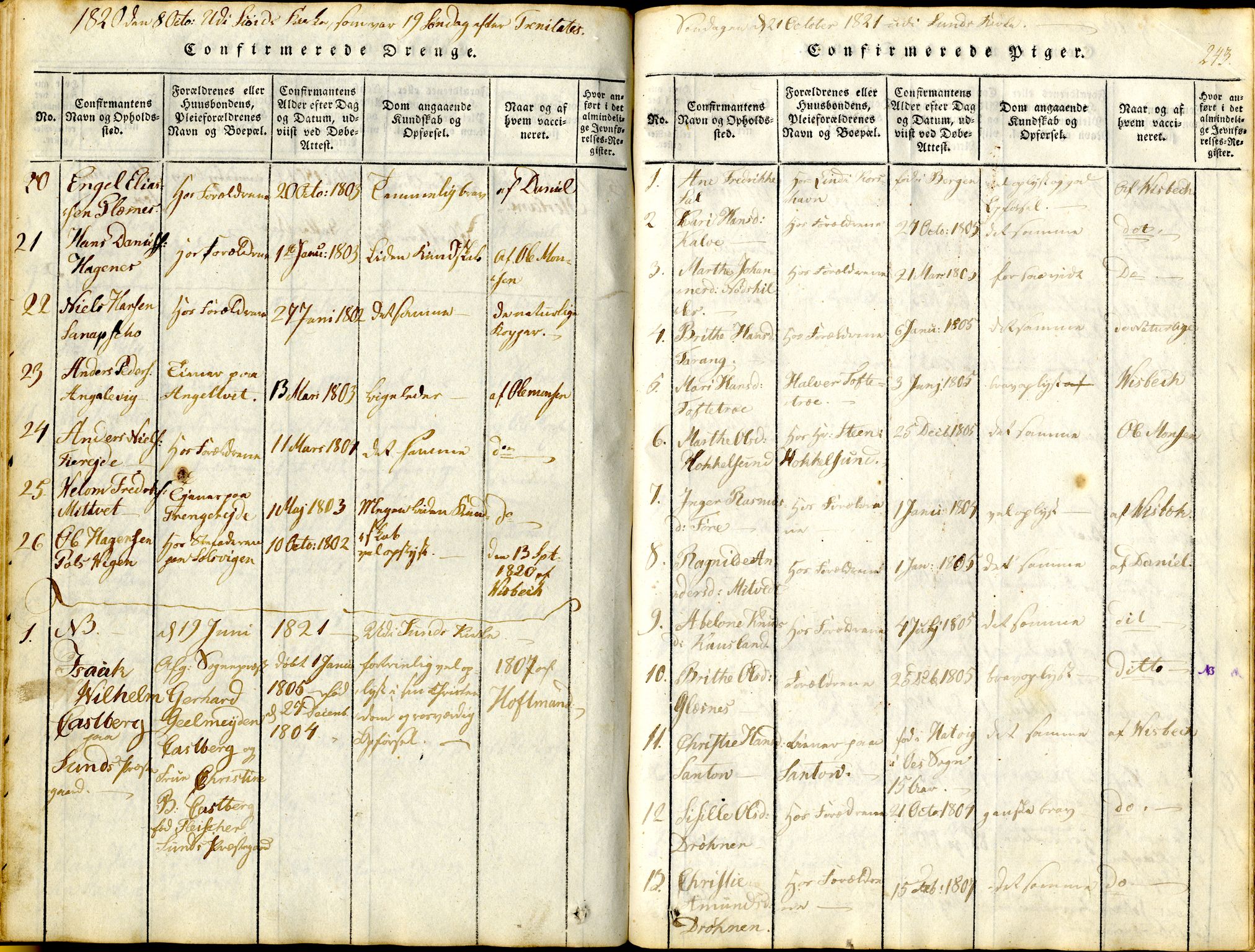 Sund sokneprestembete, AV/SAB-A-99930: Parish register (official) no. A 11, 1814-1825, p. 243