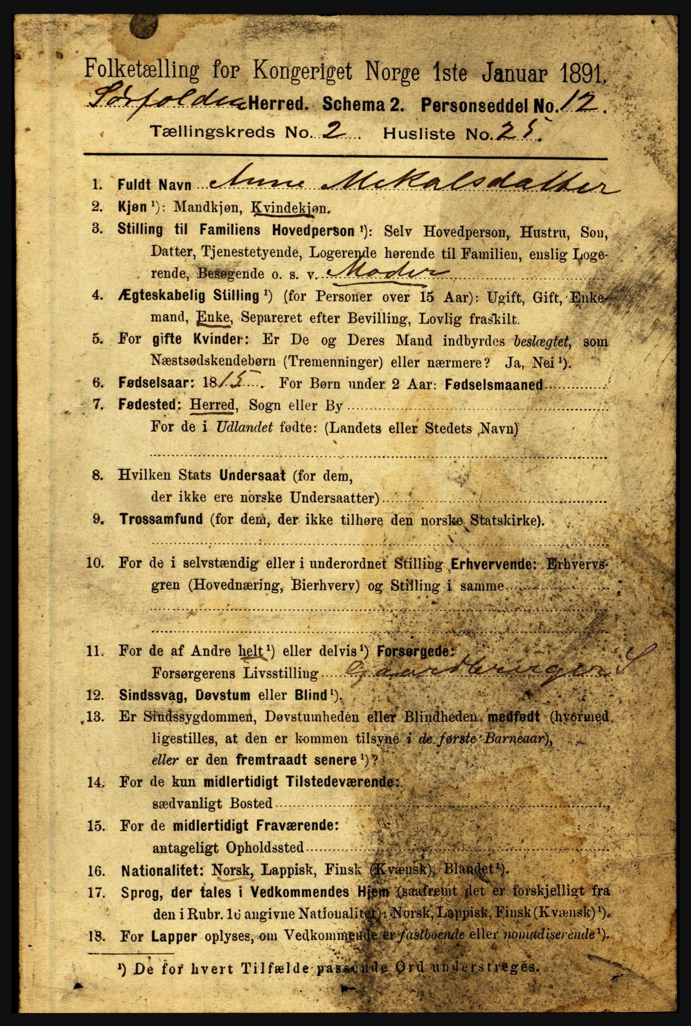 RA, 1891 census for 1845 Sørfold, 1891, p. 379