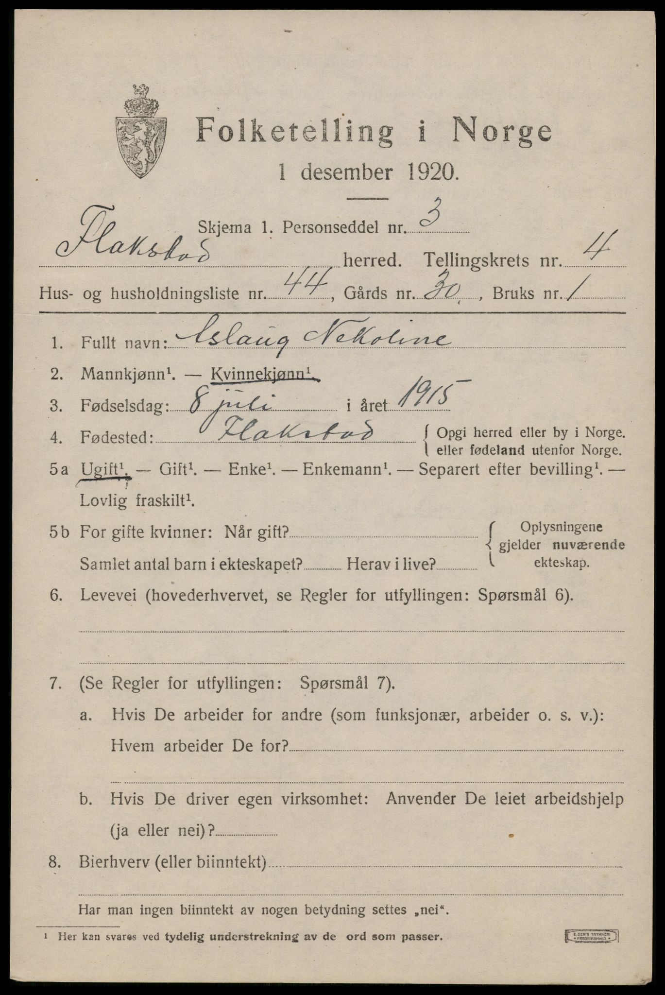 SAT, 1920 census for Flakstad, 1920, p. 3421